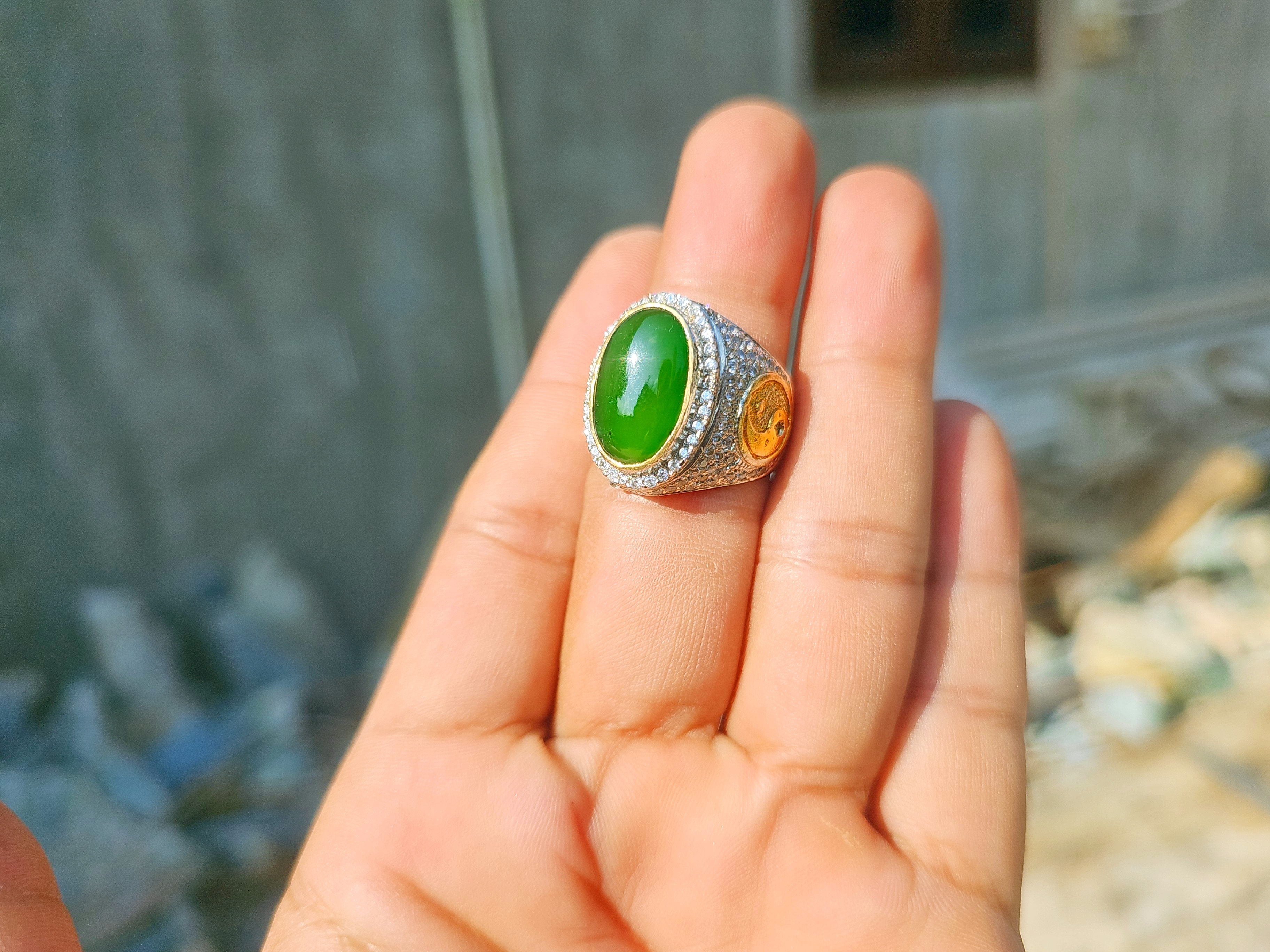 Aceh Deep Forest Green Nephrite Jade Oval Cabochon Ring with Sparkling Pavé Setting and Warm Accent Accents