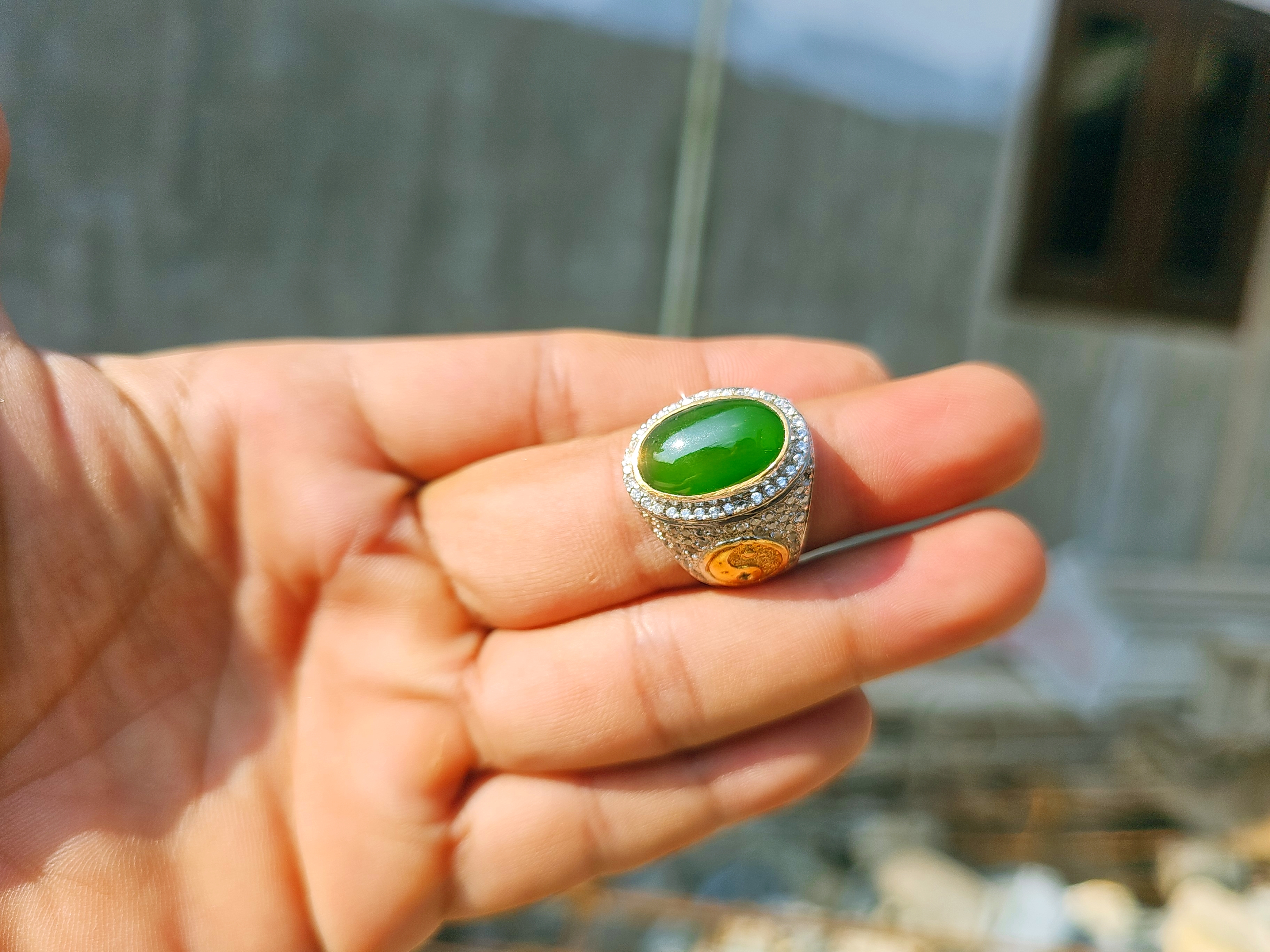 Aceh Deep Forest Green Nephrite Jade Oval Cabochon Ring with Sparkling Pavé Setting and Warm Accent Accents