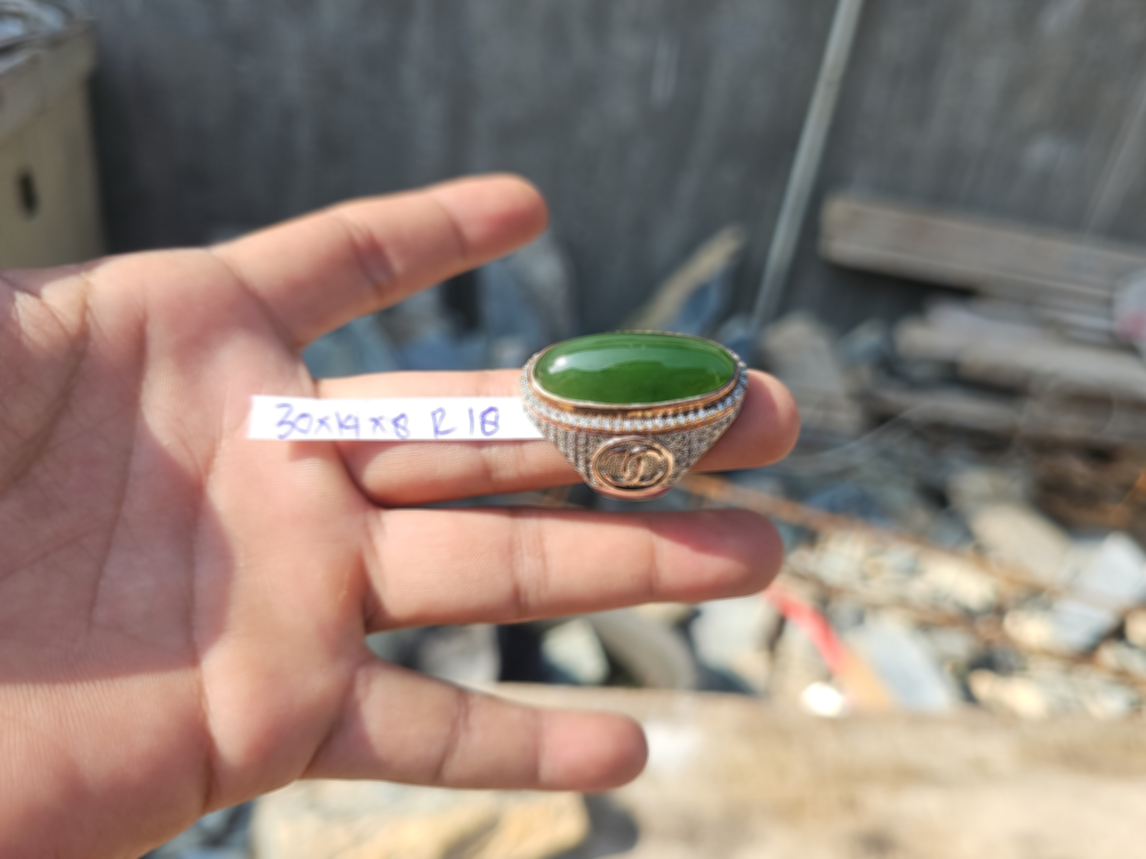 Aceh Natural Deep Moss Green Nephrite Jade Oval Cabochon Ring with Detailed Setting