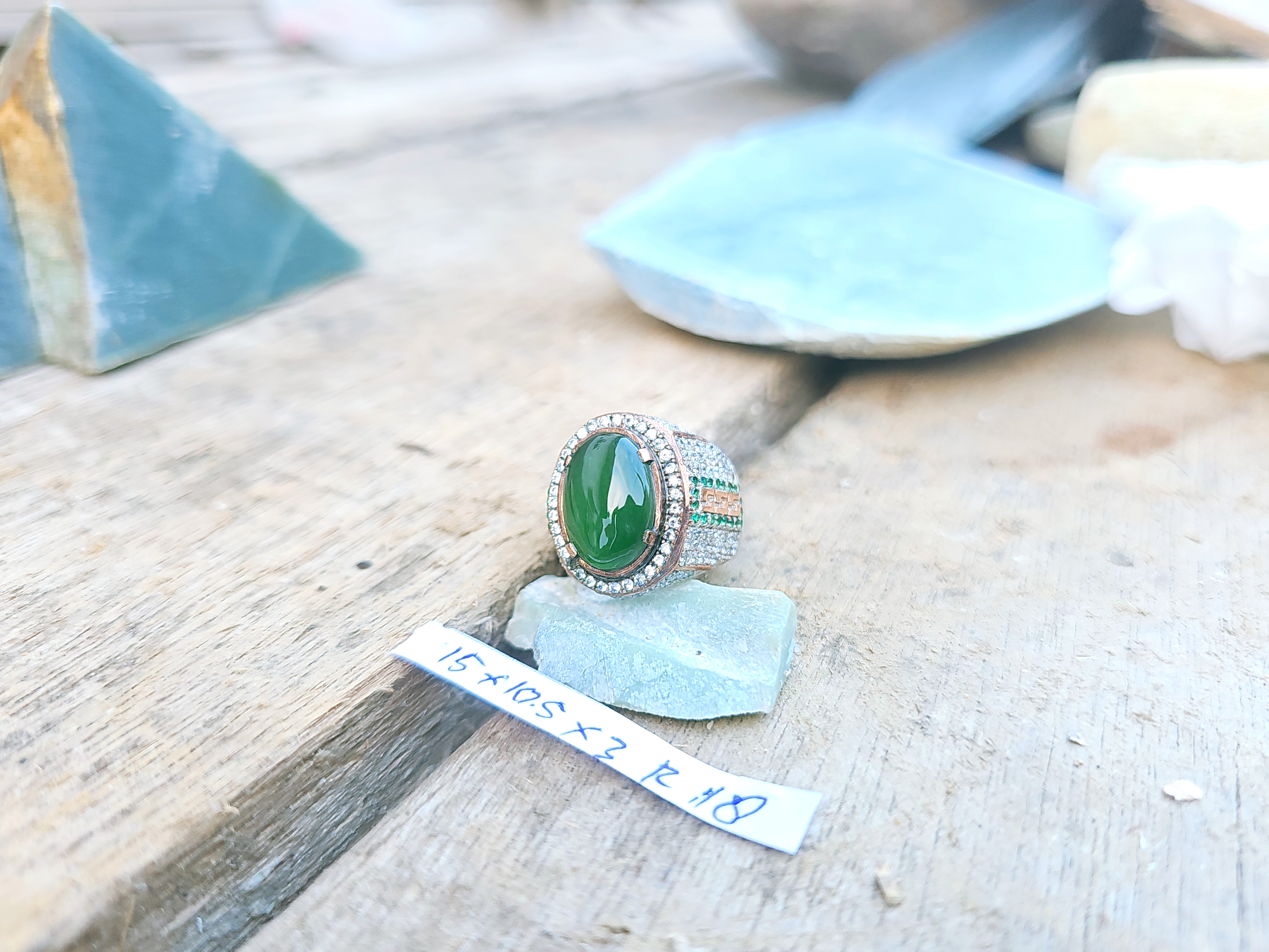 Aceh Natural Deep Forest Green Nephrite Jade Oval Cabochon Ring with Pavé Band – Accessories