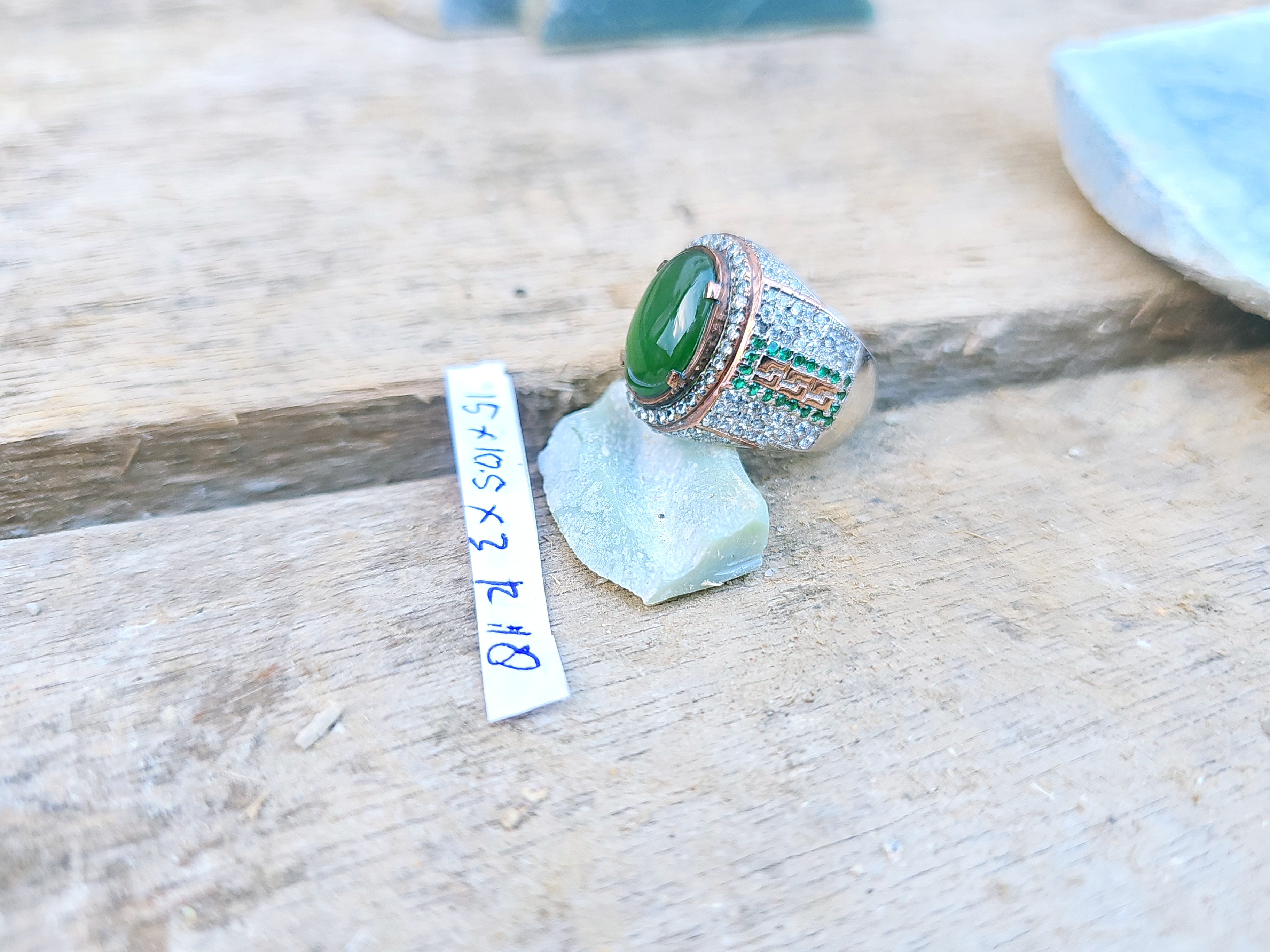 Aceh Natural Deep Forest Green Nephrite Jade Oval Cabochon Ring with Pavé Band – Accessories