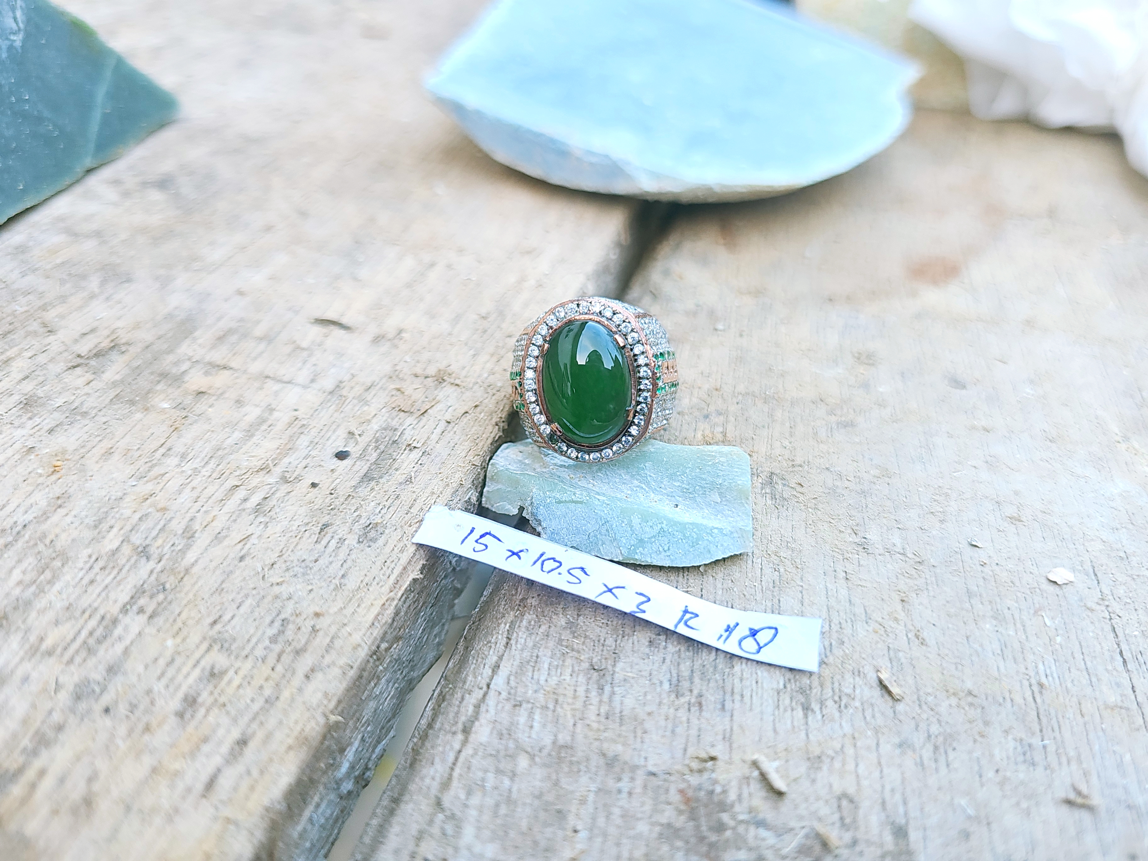 Aceh Natural Deep Forest Green Nephrite Jade Oval Cabochon Ring with Pavé Band – Accessories