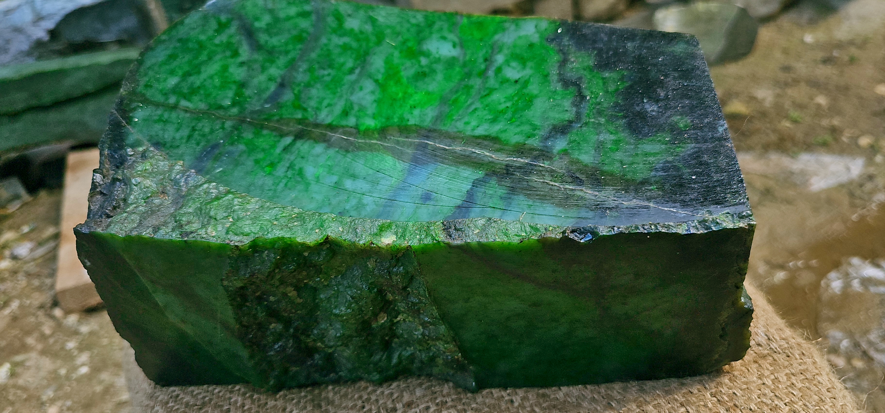 Aceh Natural Deep Forest Green Nephrite Jade with Organic Clouded Veining and Textured Rough Contours – 11 KG