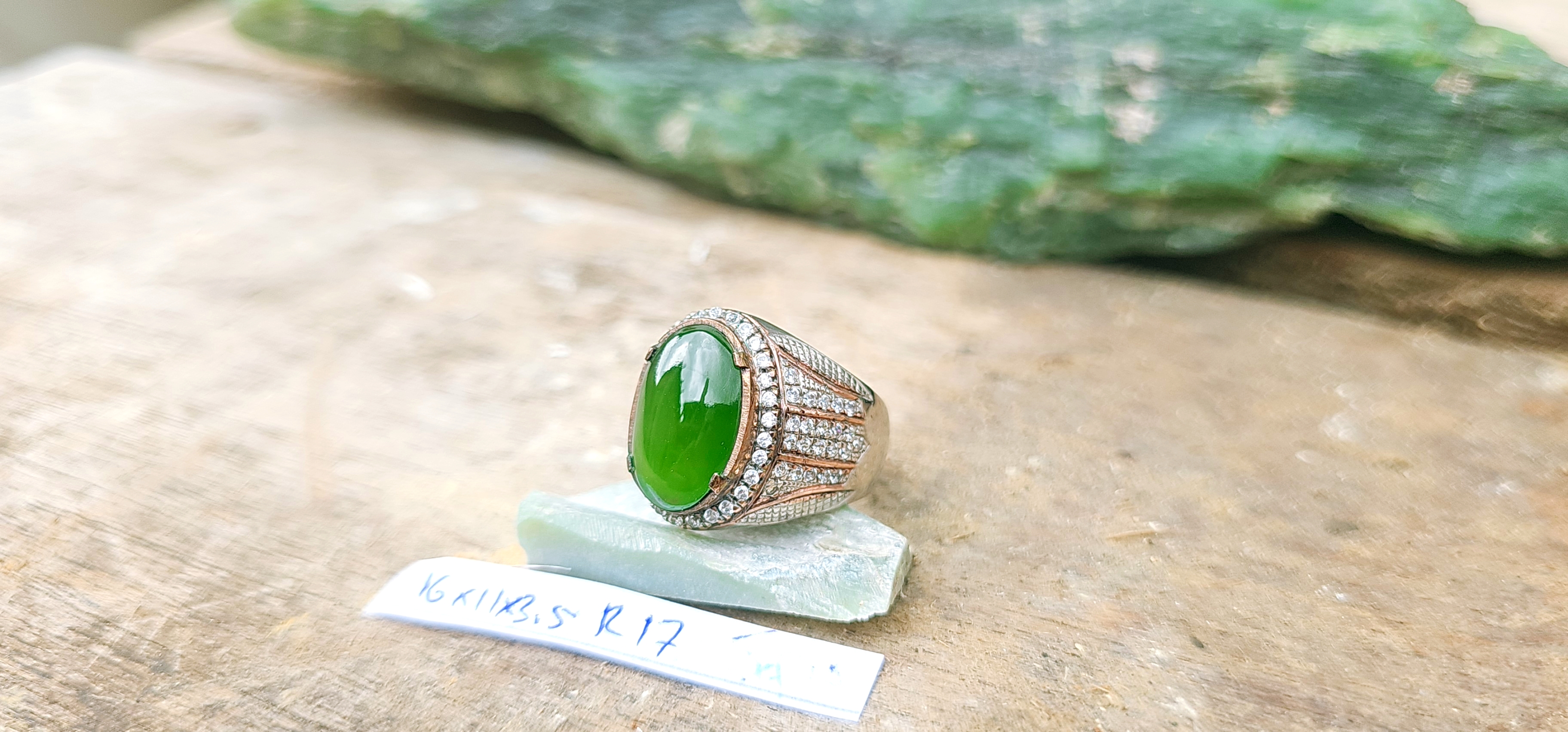 Aceh Natural Moss Green Nephrite Jade Ring with Oval Cabochon Cut and Detailed Setting