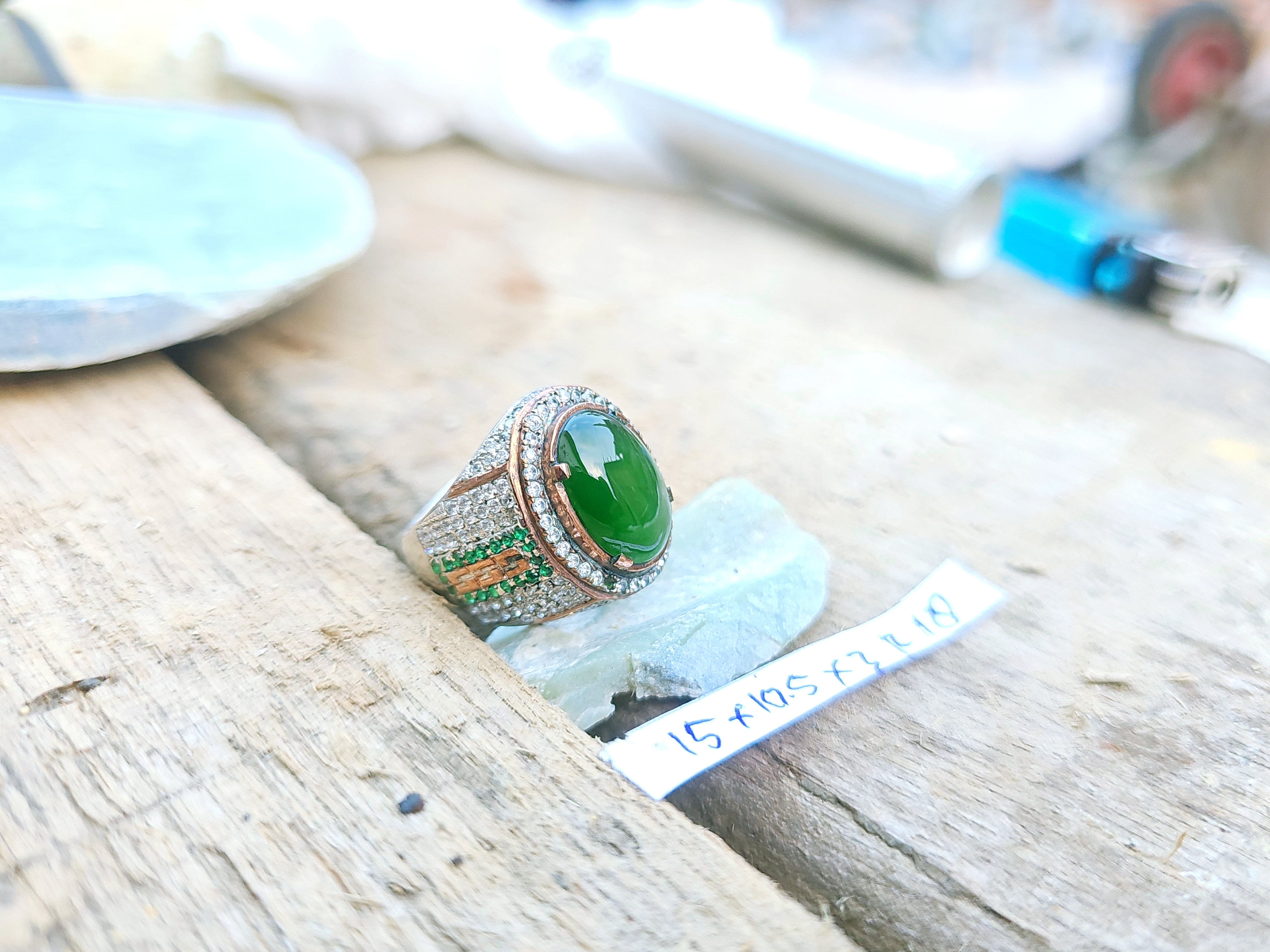 Aceh Natural Deep Forest Green Nephrite Jade Oval Cabochon Ring with Pavé Band – Accessories