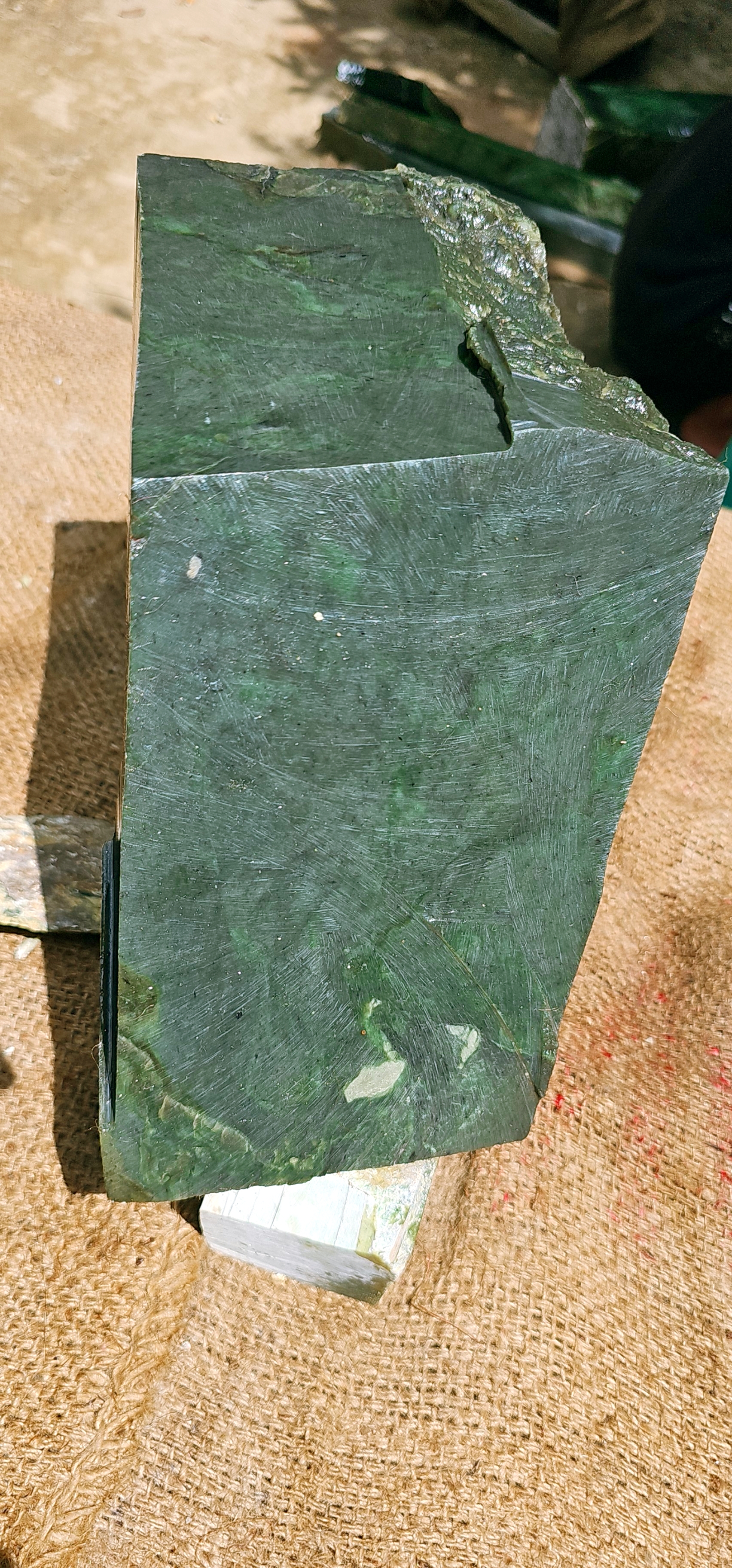 Aceh Natural Deep Forest Green Nephrite Jade with Striated Mineral Veining and Solid Blocky Rough Stone Structure – 14.5 KG