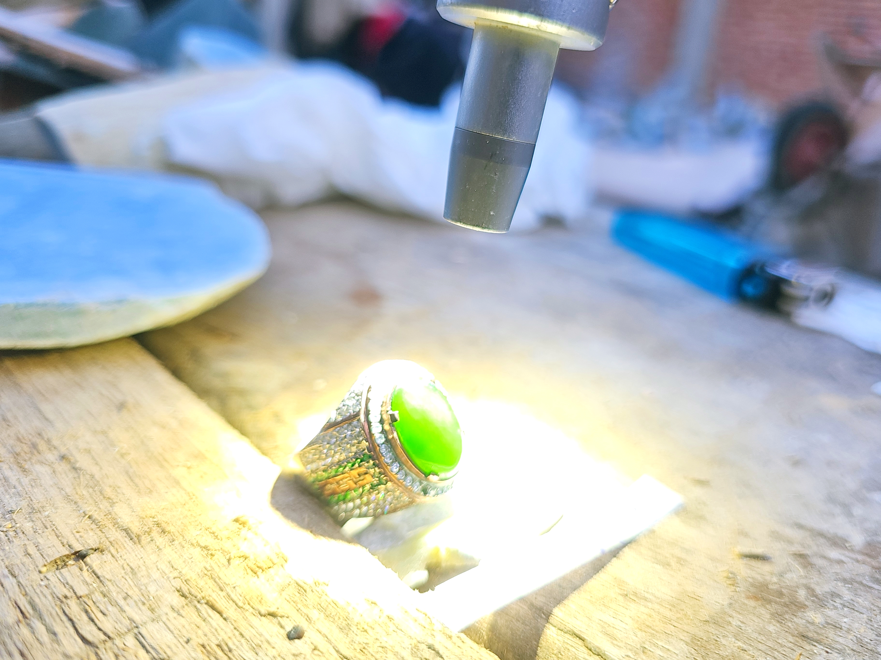 Aceh Natural Deep Forest Green Nephrite Jade Oval Cabochon Ring with Pavé Band – Accessories
