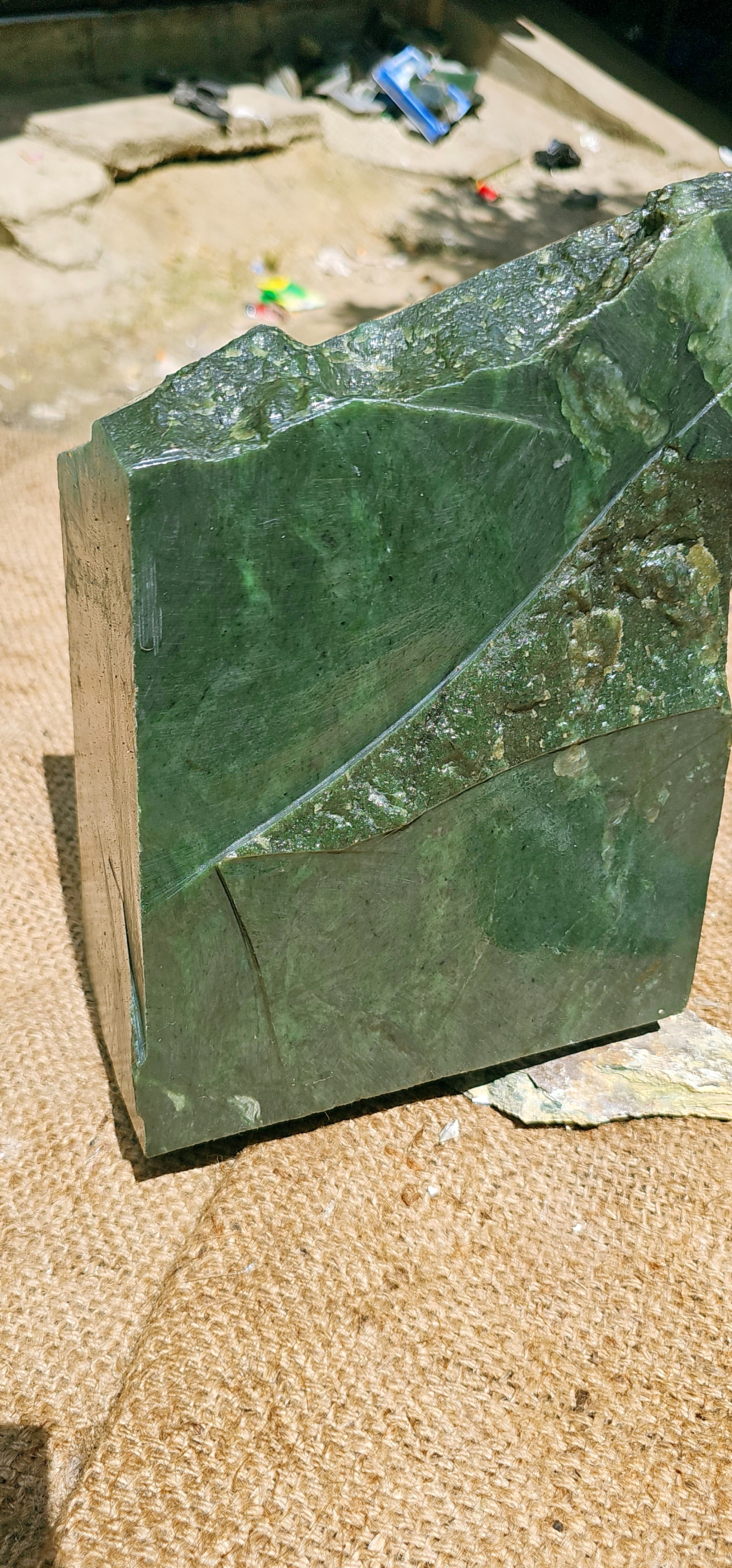Aceh Natural Deep Forest Green Nephrite Jade with Striated Mineral Veining and Solid Blocky Rough Stone Structure – 14.5 KG