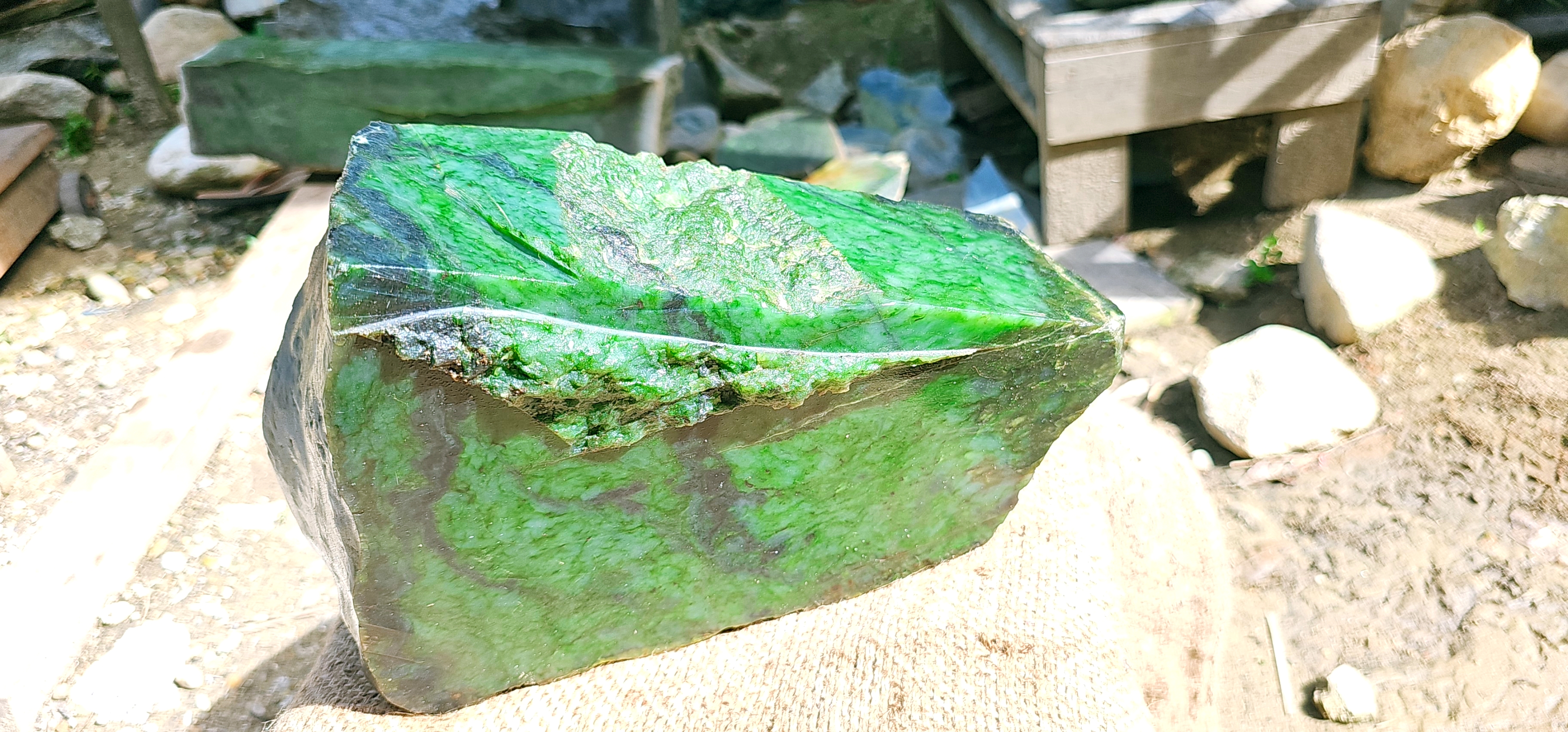 Aceh Natural Deep Forest Green Nephrite Jade with Organic Clouded Veining and Textured Rough Contours – 11 KG