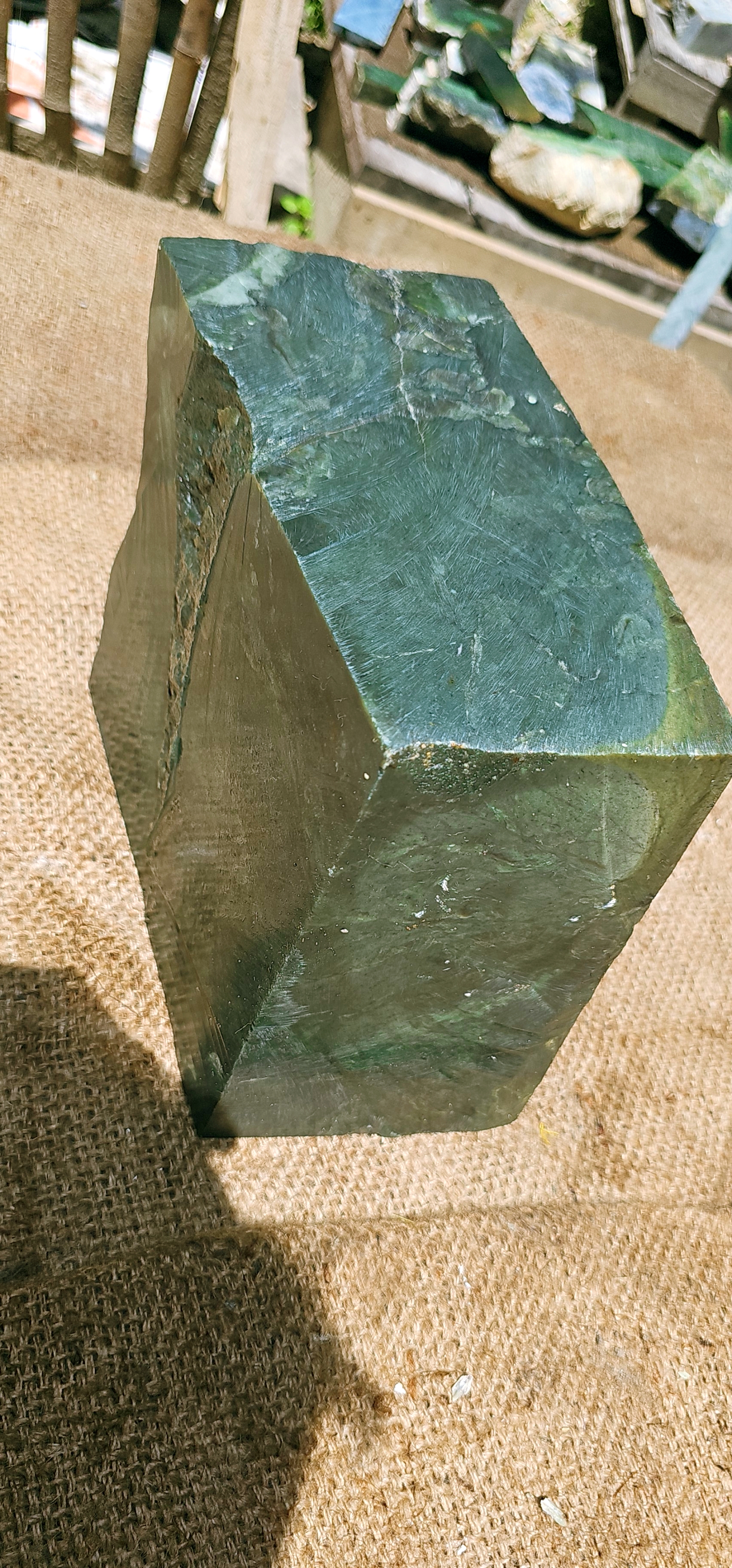 Aceh Natural Deep Forest Green Nephrite Jade with Striated Mineral Veining and Solid Blocky Rough Stone Structure – 14.5 KG