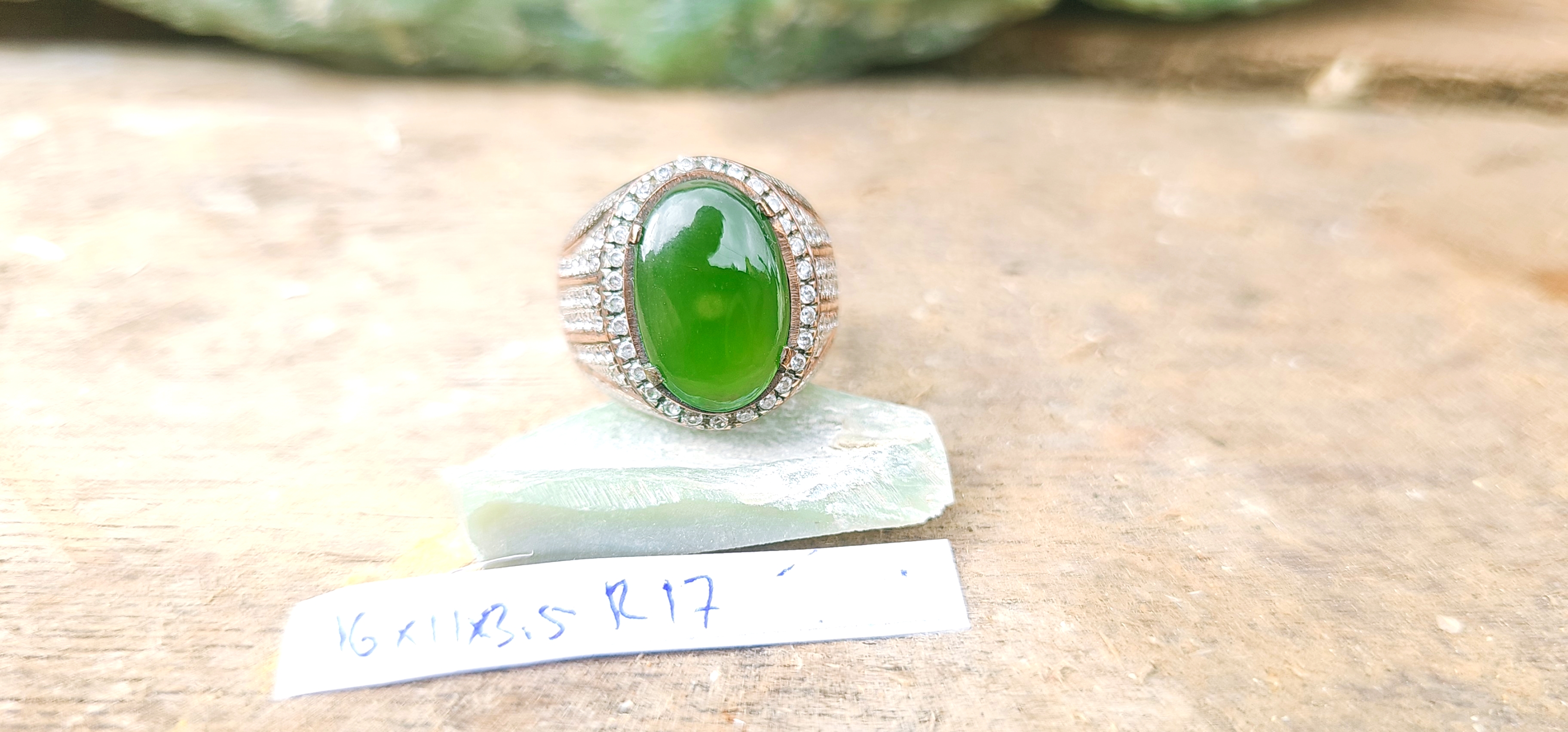 Aceh Natural Moss Green Nephrite Jade Ring with Oval Cabochon Cut and Detailed Setting