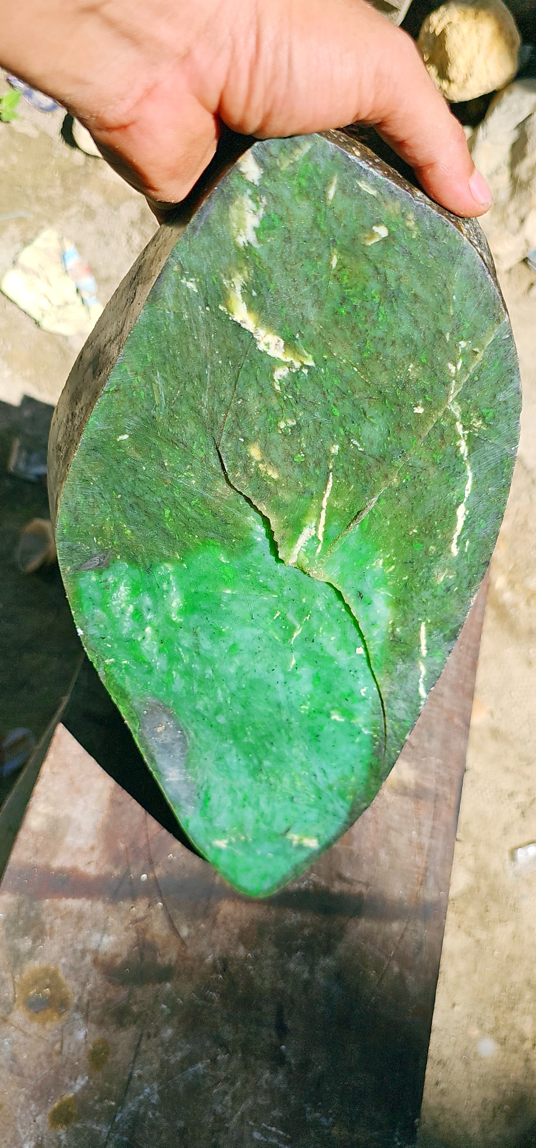 Aceh Natural Moss Green Nephrite Jade Slab with Vibrant Green Patchwork and Clouded Mineral Veining Rough Stone – 7.6 KG