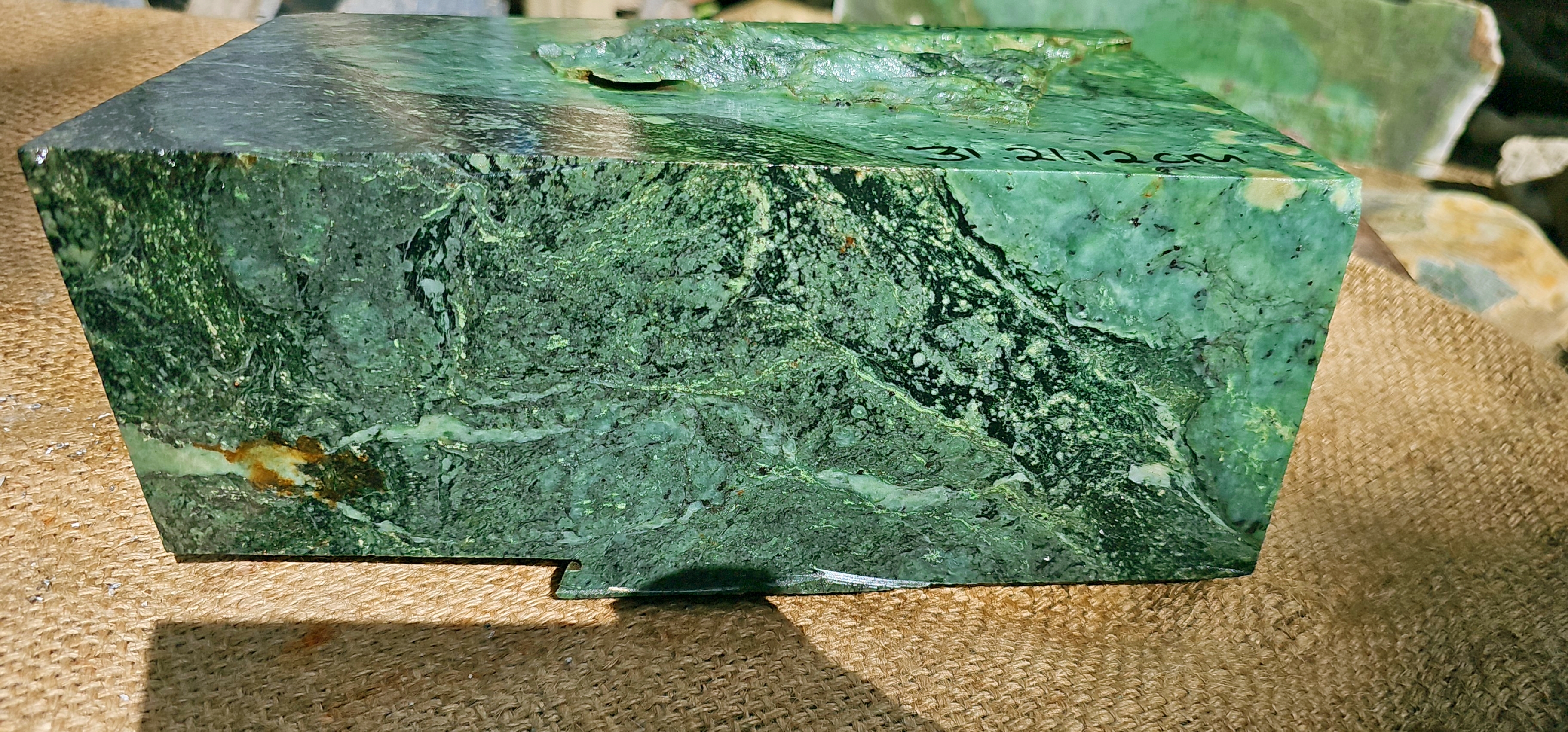 Aceh Natural Deep Forest Green Nephrite Jade with Complex Clouded Mottling and Textured Rough Surface Slab – 1.9 KG