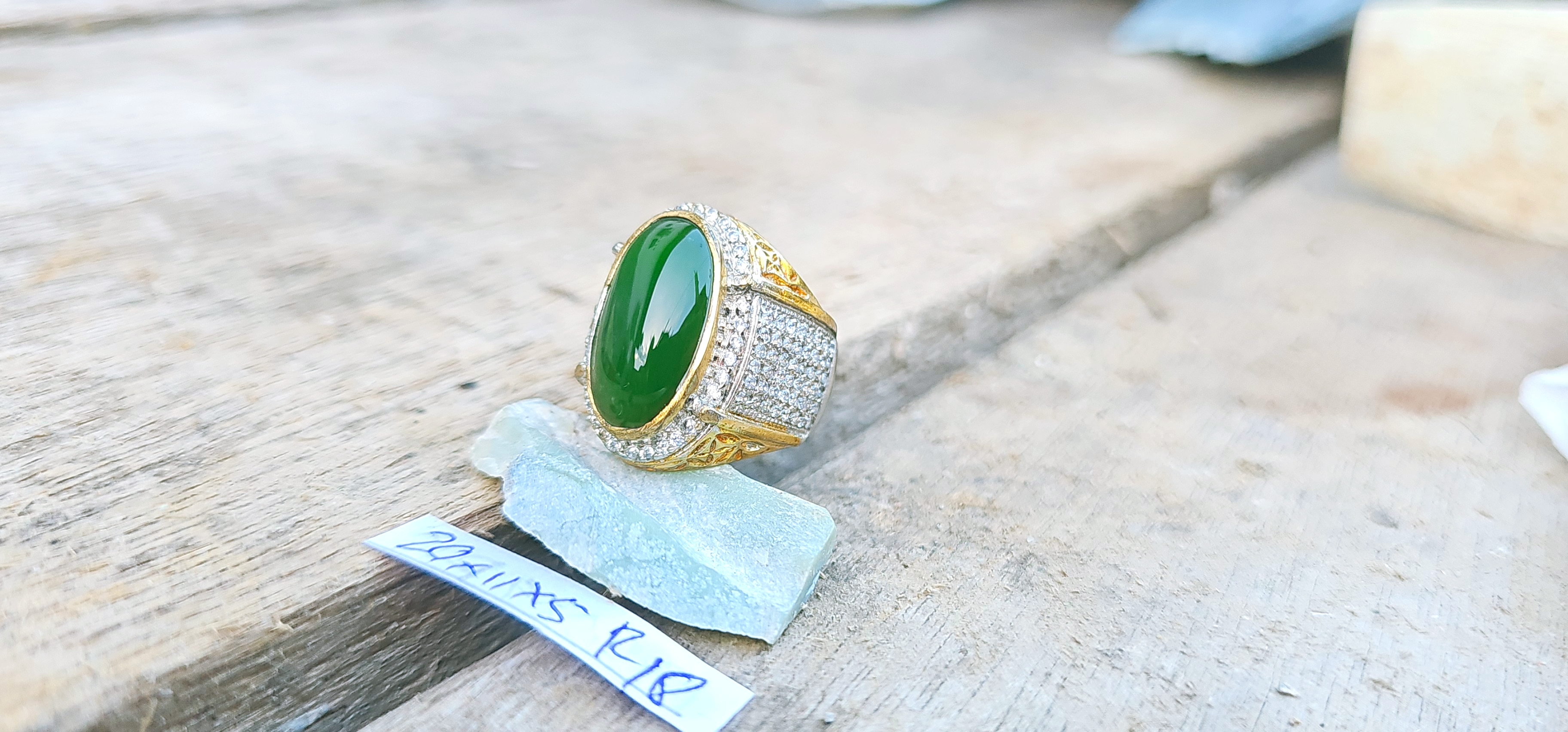 Aceh Natural Deep Forest Green Nephrite Jade Oval Cabochon Ring with Pavé Accent Band