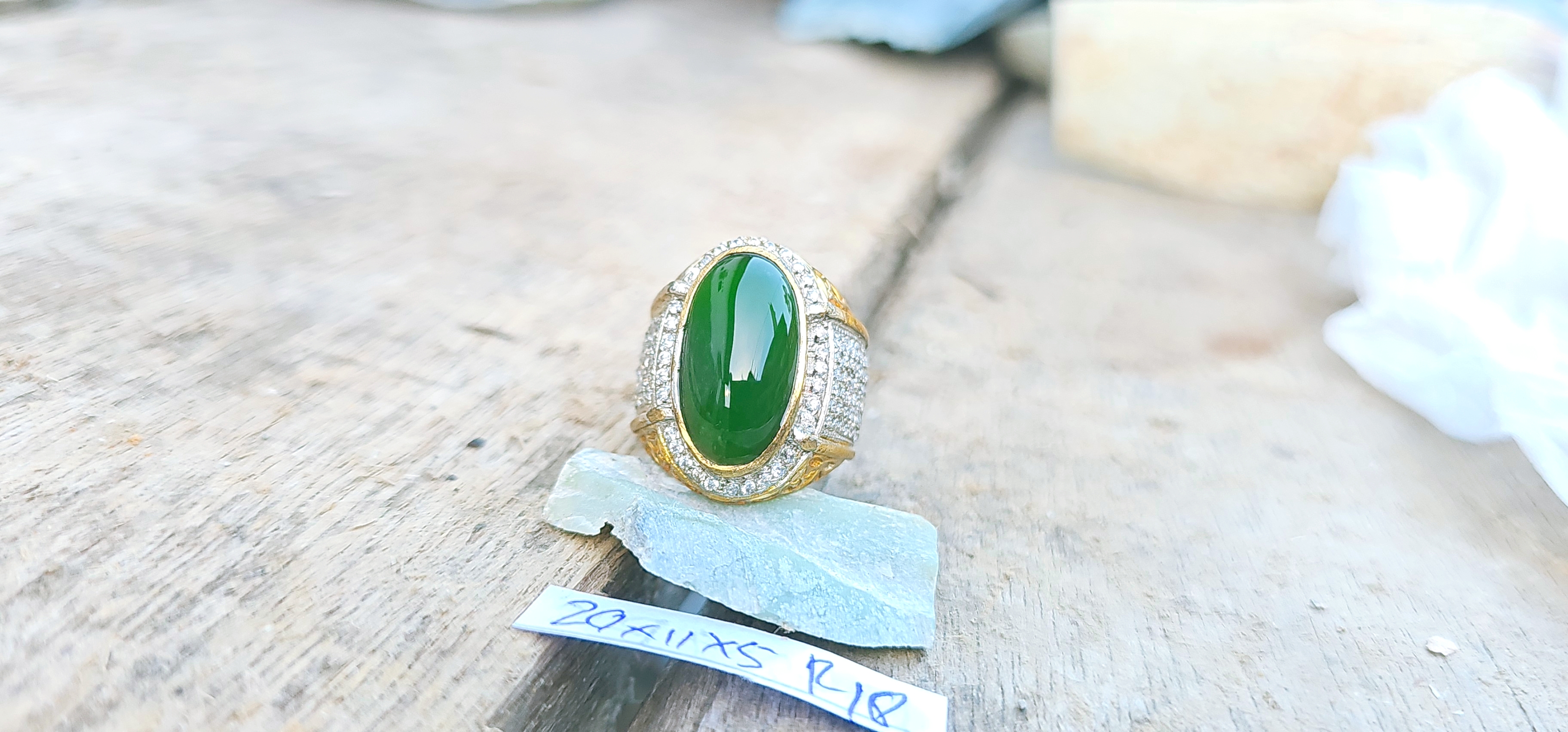 Aceh Natural Deep Forest Green Nephrite Jade Oval Cabochon Ring with Pavé Accent Band