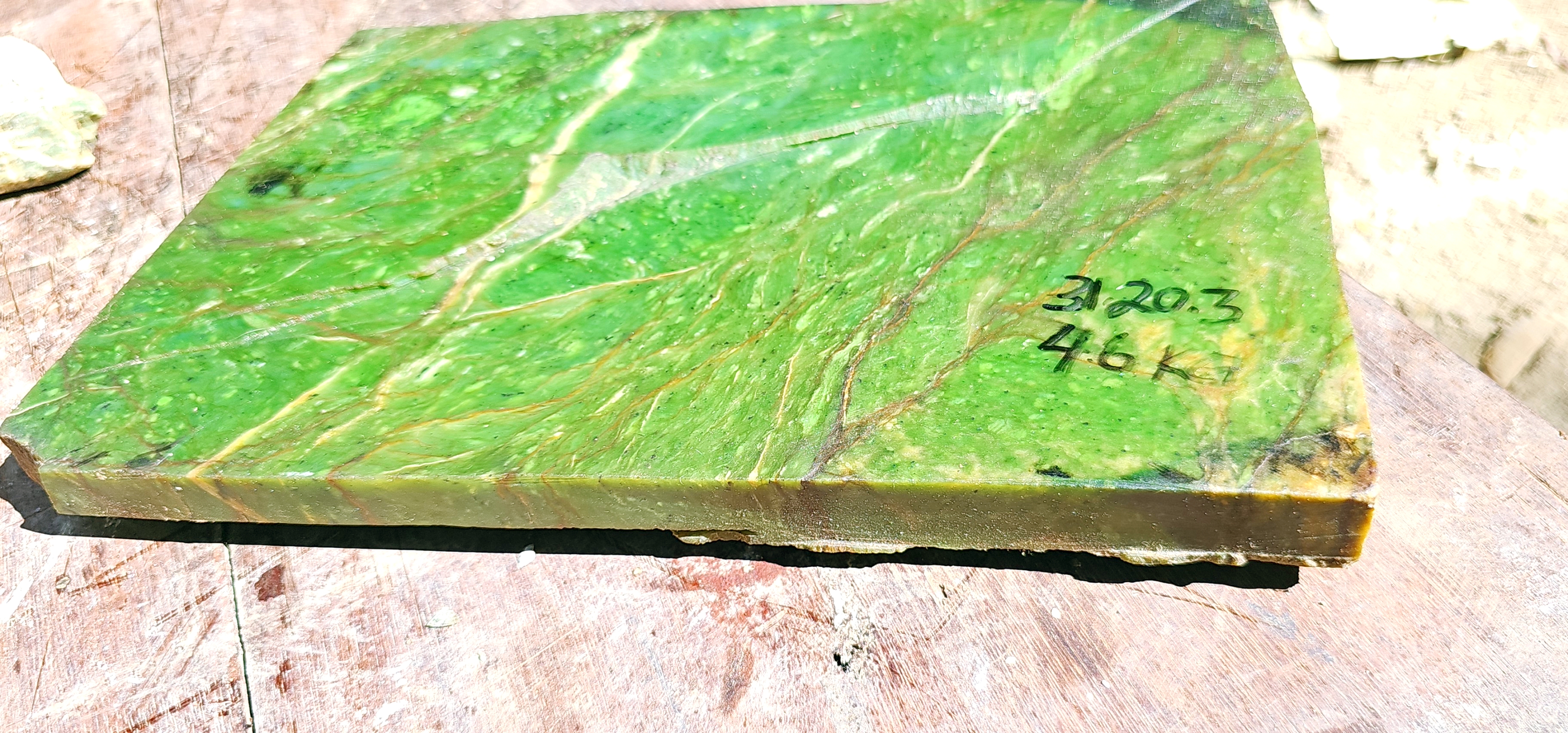 Aceh Natural Moss Green Nephrite Jade Slab with Organic Vein Patterns and Textured Rough Surface – 4.6 KG