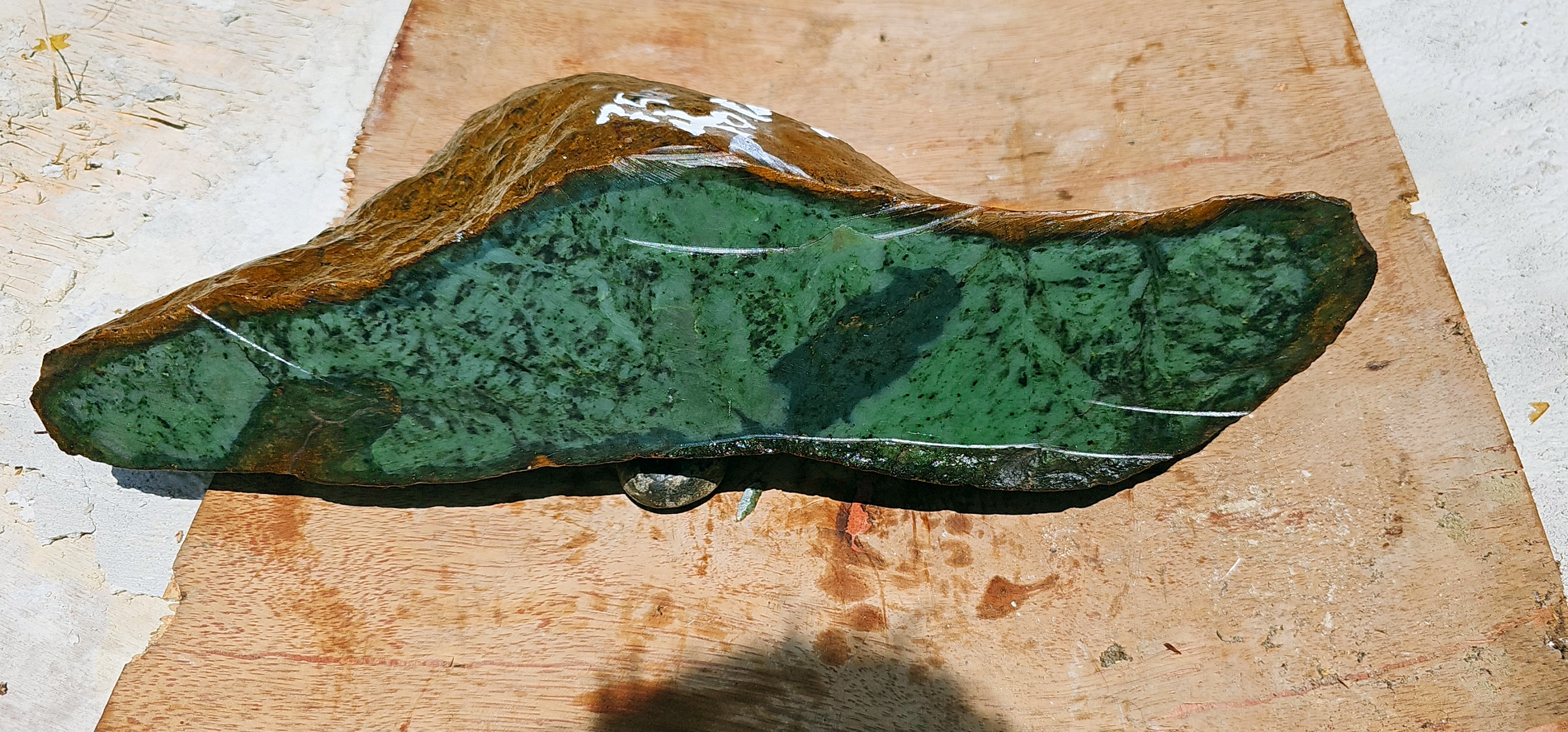 Aceh Natural Moss Green and Brownish Rind Nephrite Jade Slab with Striking Mottled Patterns Rough Stone – 7.5 KG