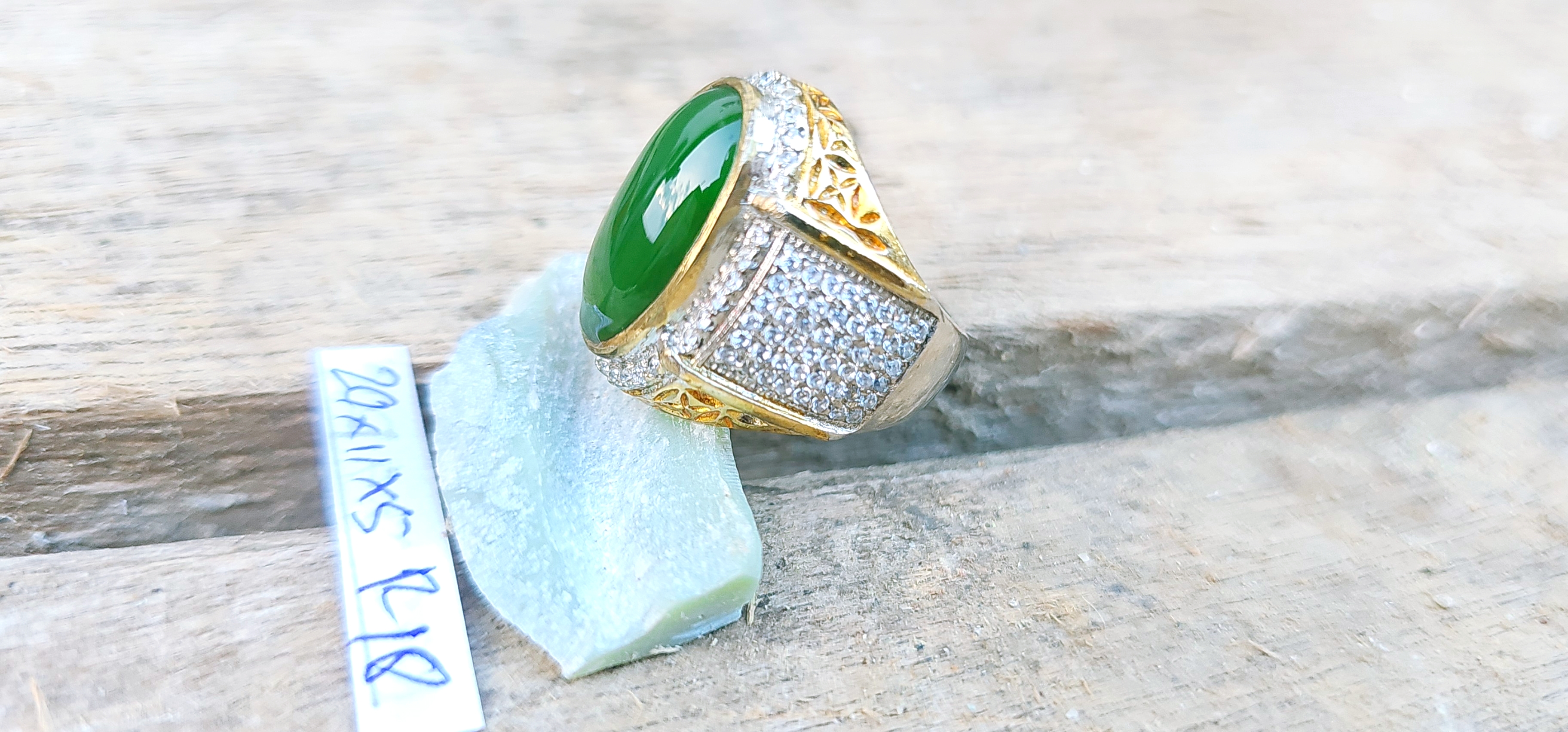 Aceh Natural Deep Forest Green Nephrite Jade Oval Cabochon Ring with Pavé Accent Band