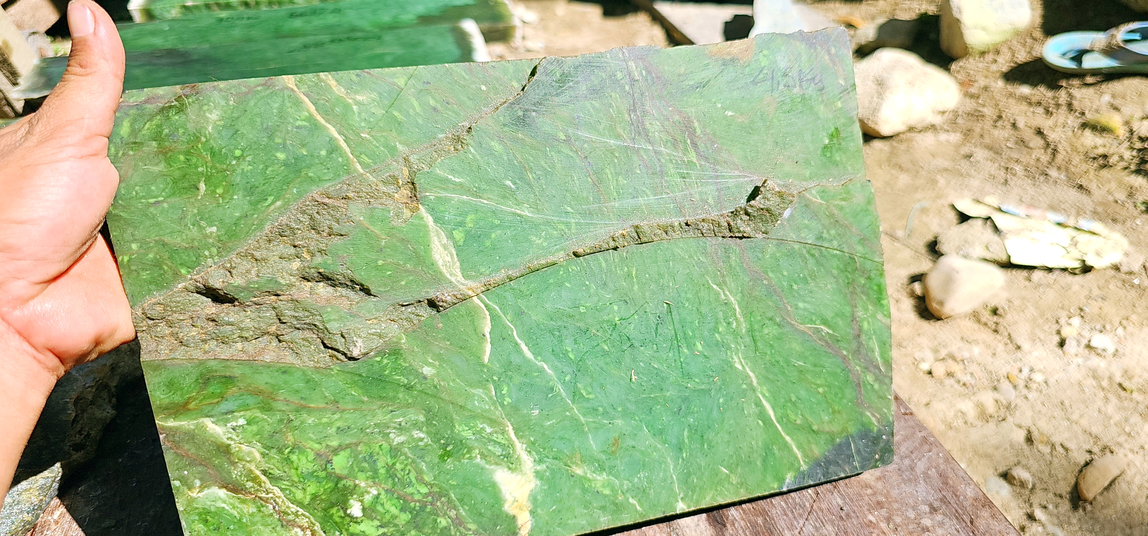 Aceh Natural Moss Green Nephrite Jade Slab with Organic Vein Patterns and Textured Rough Surface – 4.6 KG