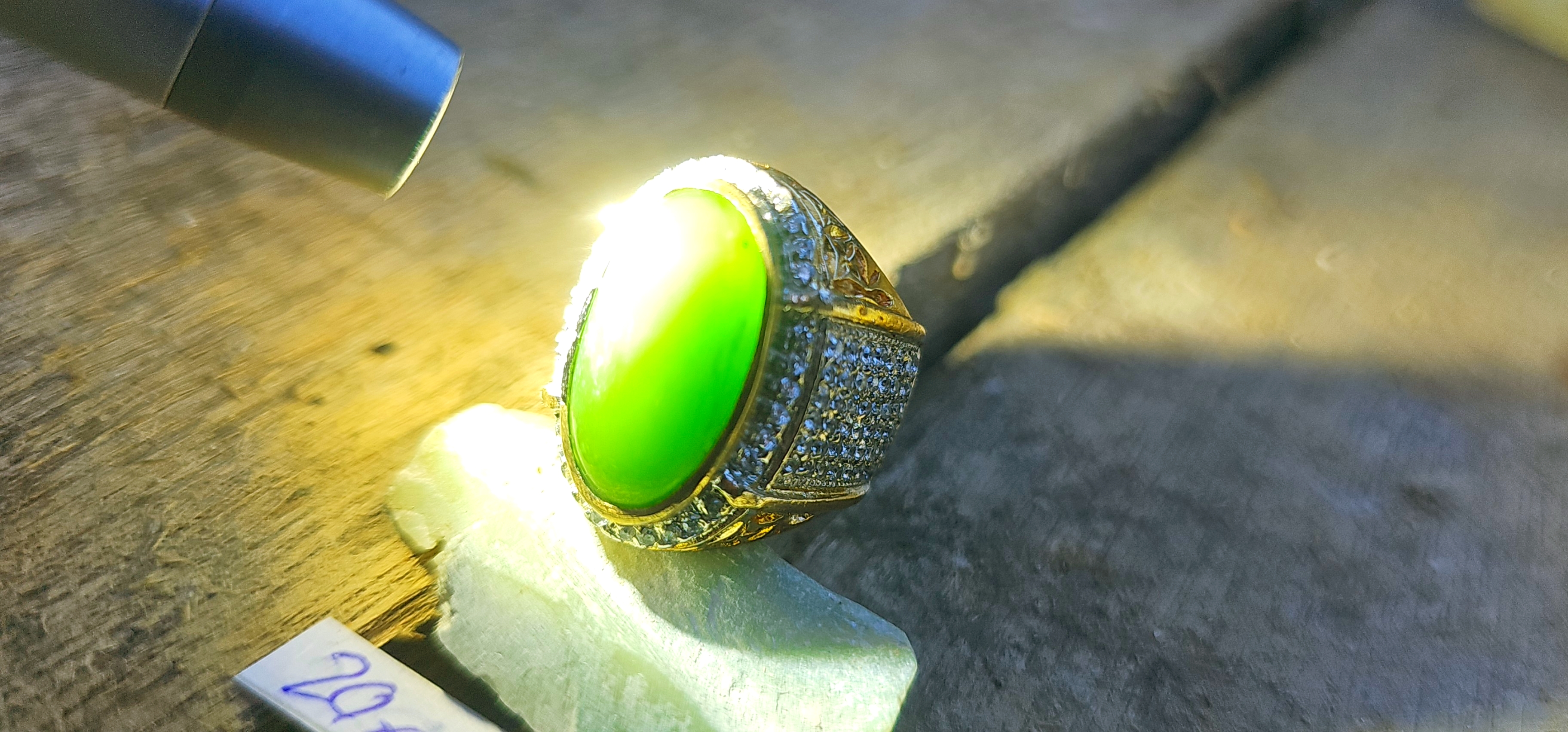 Aceh Natural Deep Forest Green Nephrite Jade Oval Cabochon Ring with Pavé Accent Band