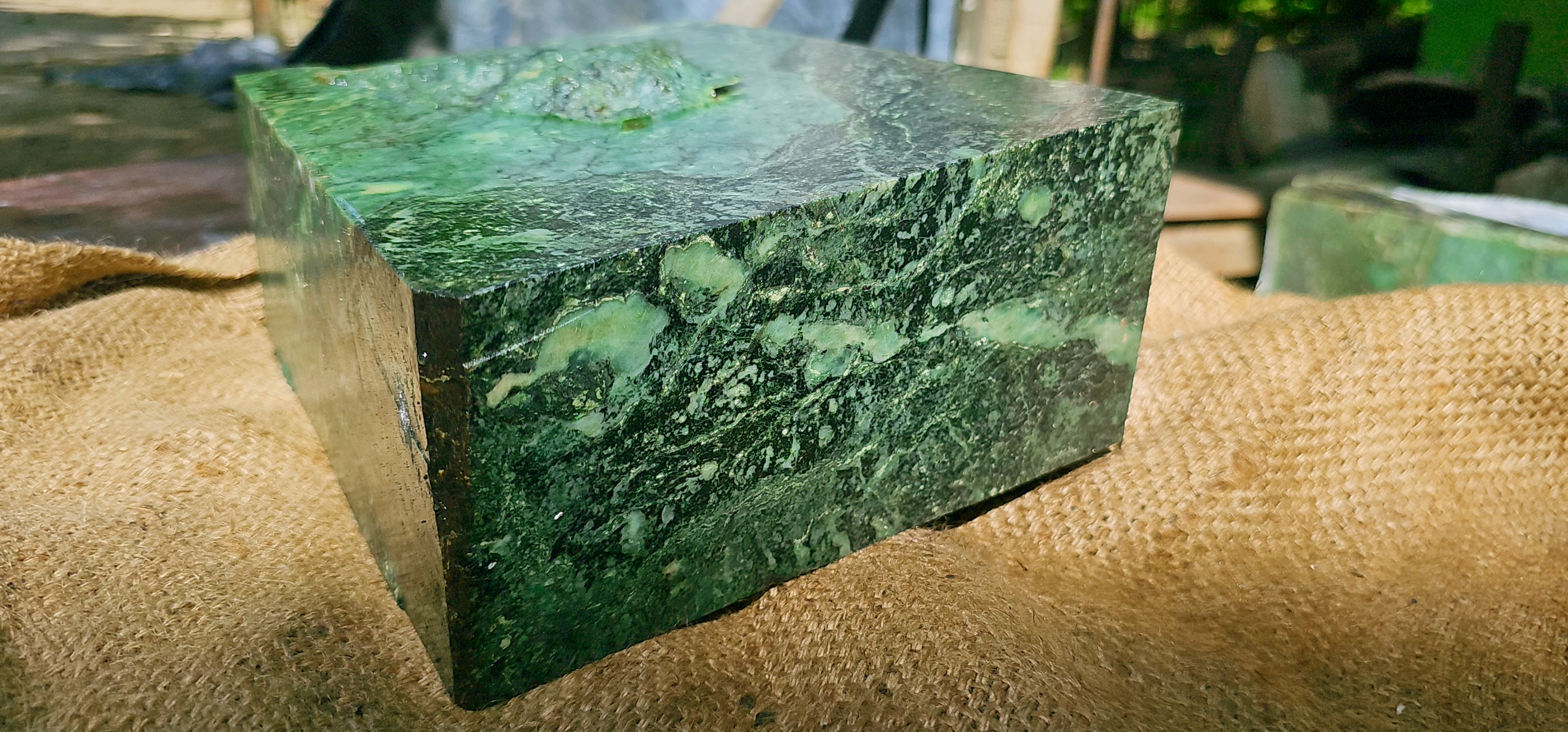 Aceh Natural Deep Forest Green Nephrite Jade with Complex Clouded Mottling and Textured Rough Surface Slab – 1.9 KG