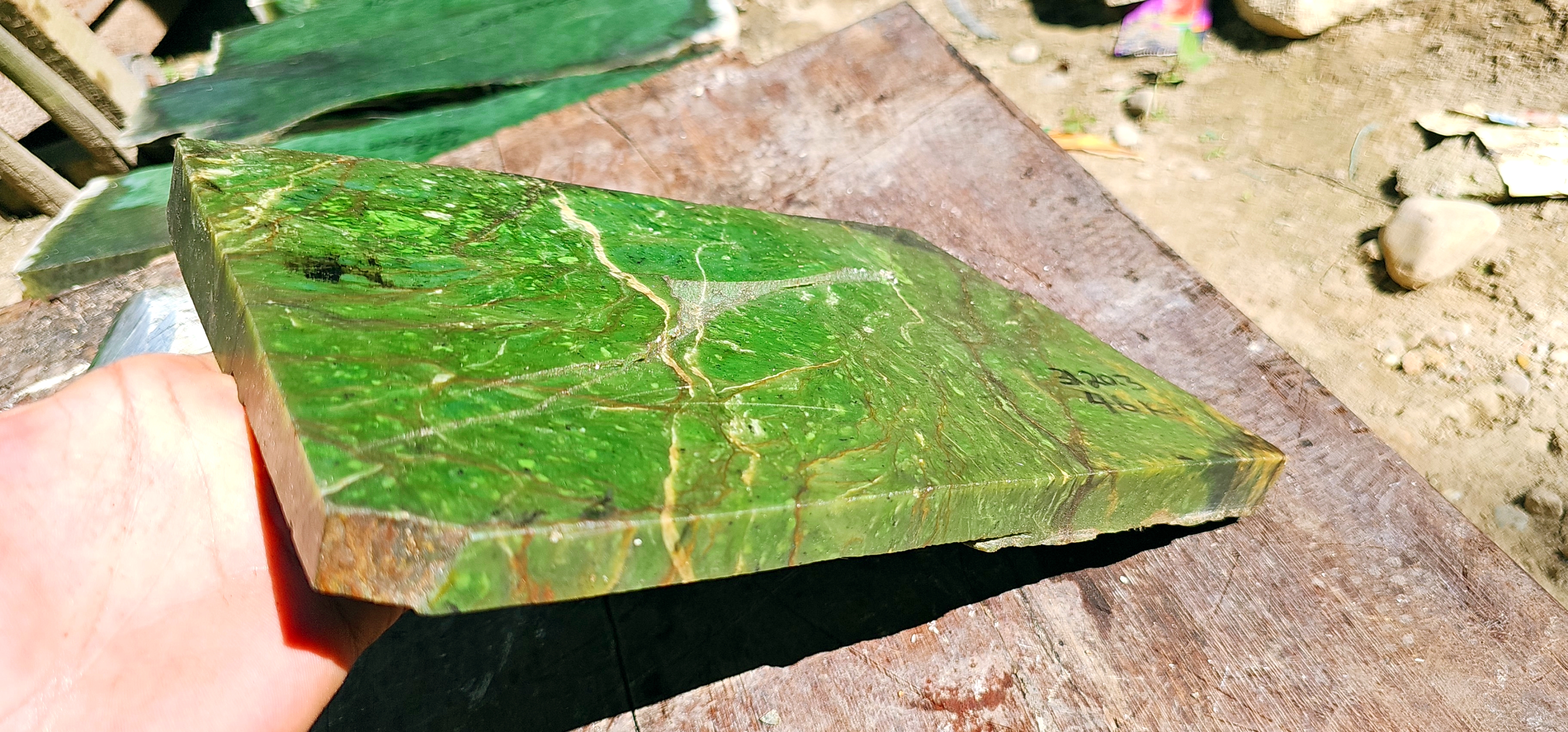 Aceh Natural Moss Green Nephrite Jade Slab with Organic Vein Patterns and Textured Rough Surface – 4.6 KG