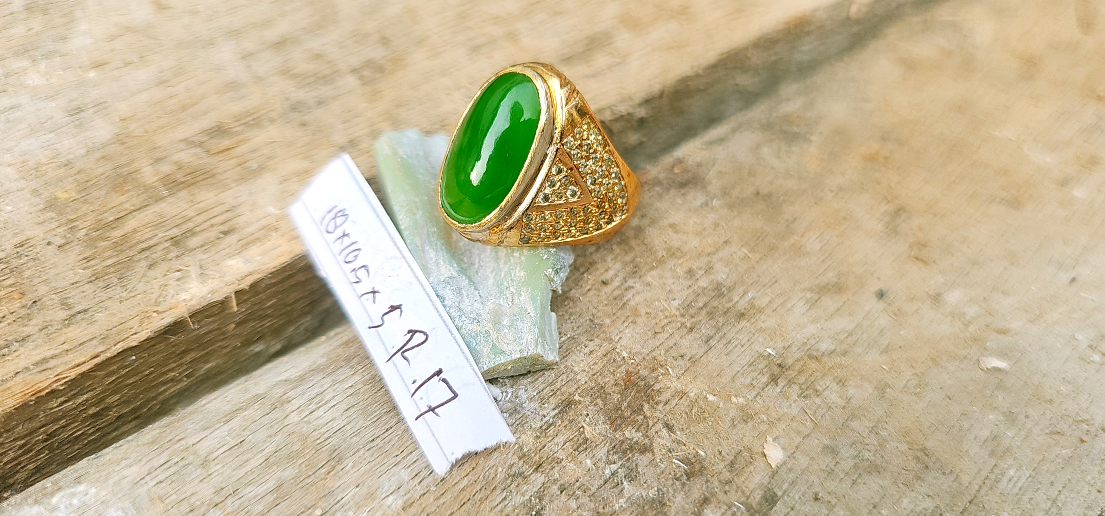 Aceh Natural Vibrant Green Nephrite Jade Oval Cabochon Ring with Ornate Gold-Tone Pavé Setting