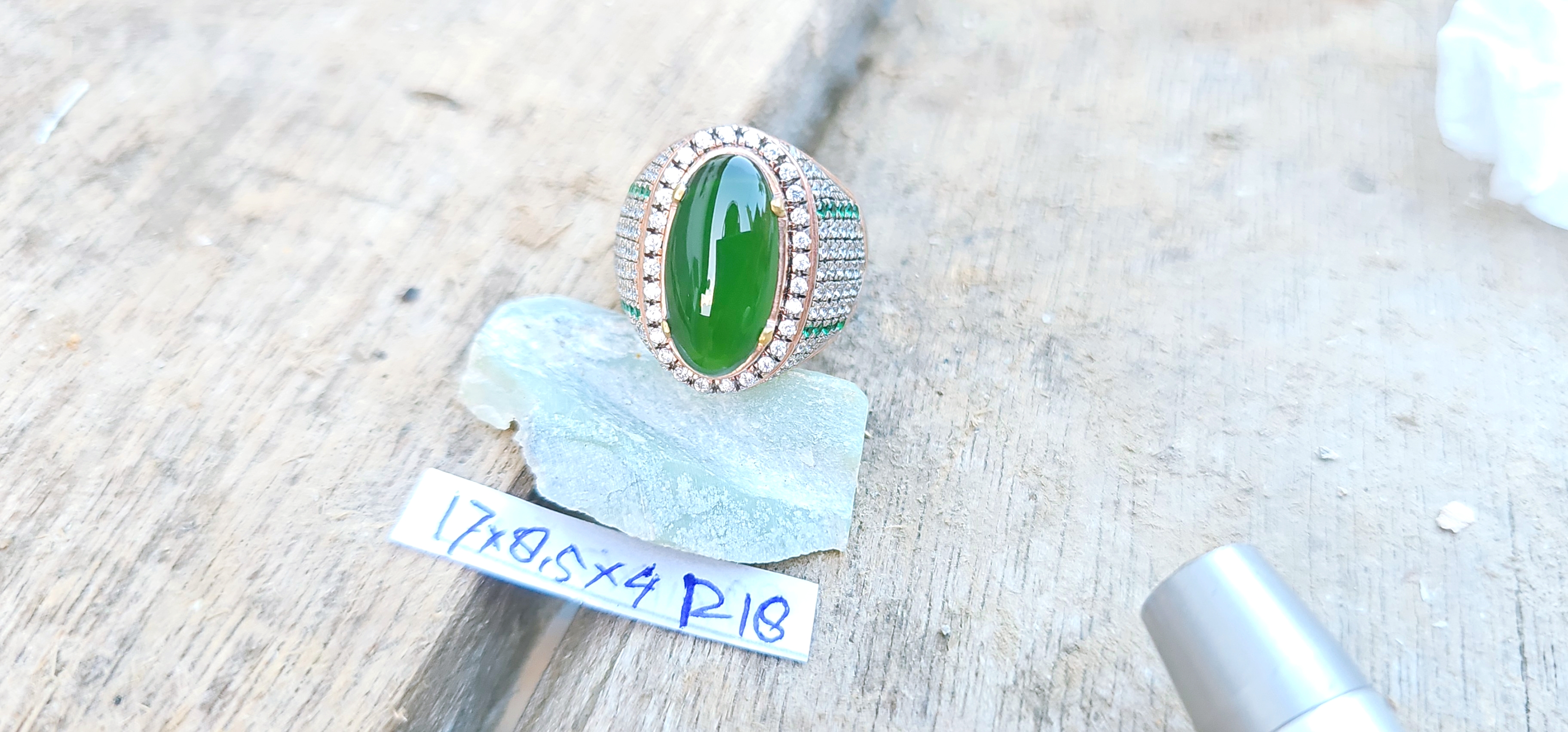 Aceh Deep Forest Green Nephrite Jade Ring with Oval Cabochon Stone and Detailed Accent Setting