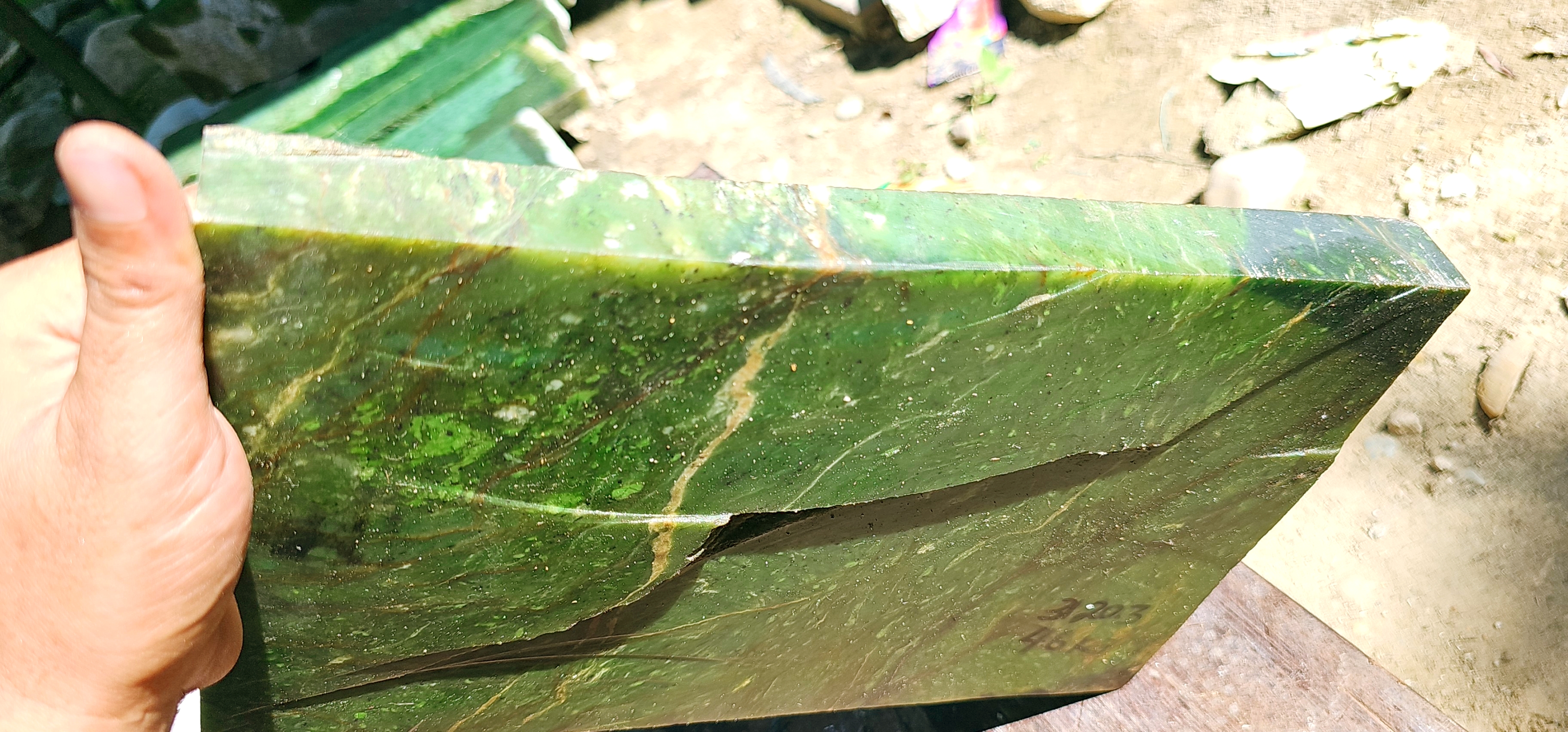 Aceh Natural Moss Green Nephrite Jade Slab with Organic Vein Patterns and Textured Rough Surface – 4.6 KG