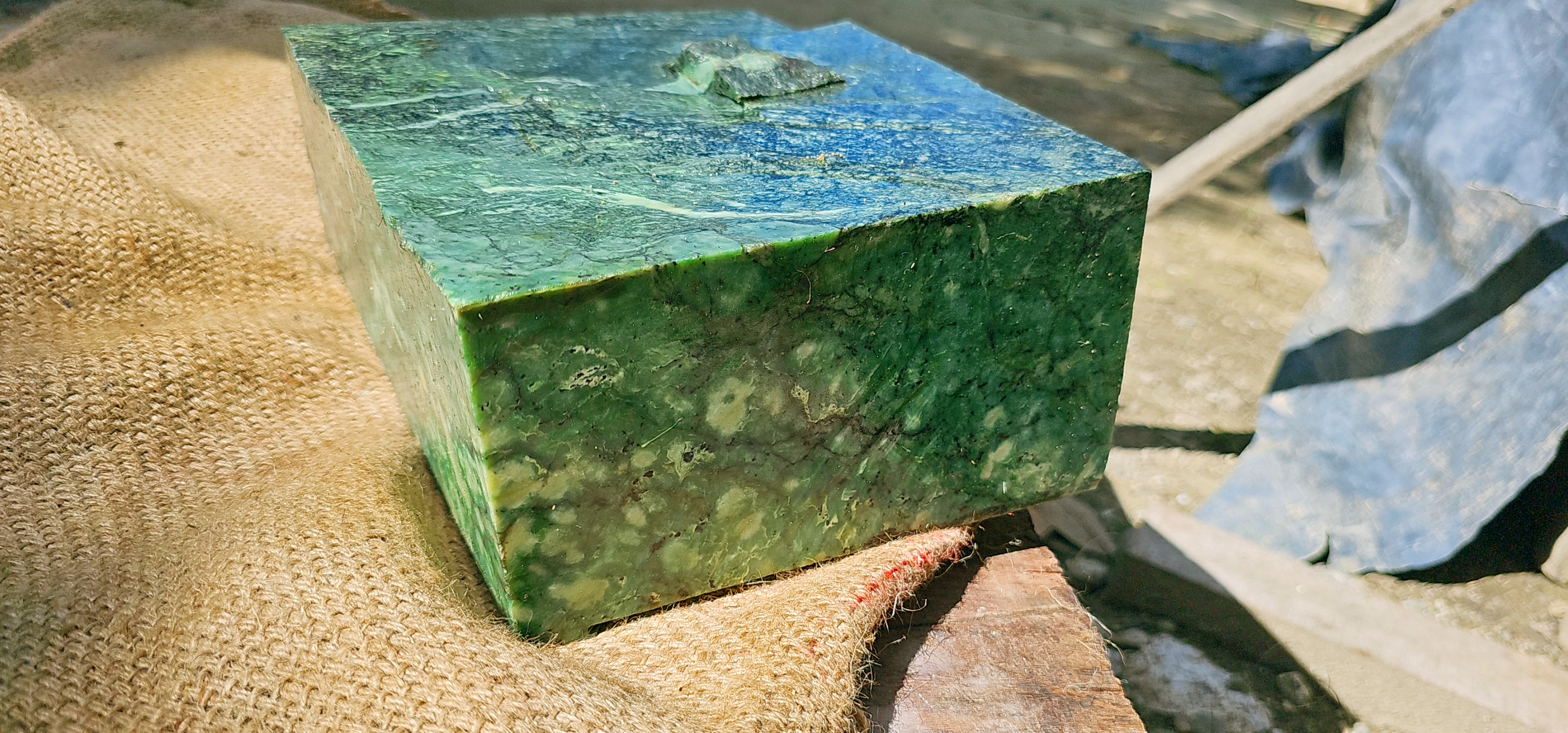 Aceh Natural Deep Forest Green Nephrite Jade with Complex Clouded Mottling and Textured Rough Surface Slab – 1.9 KG