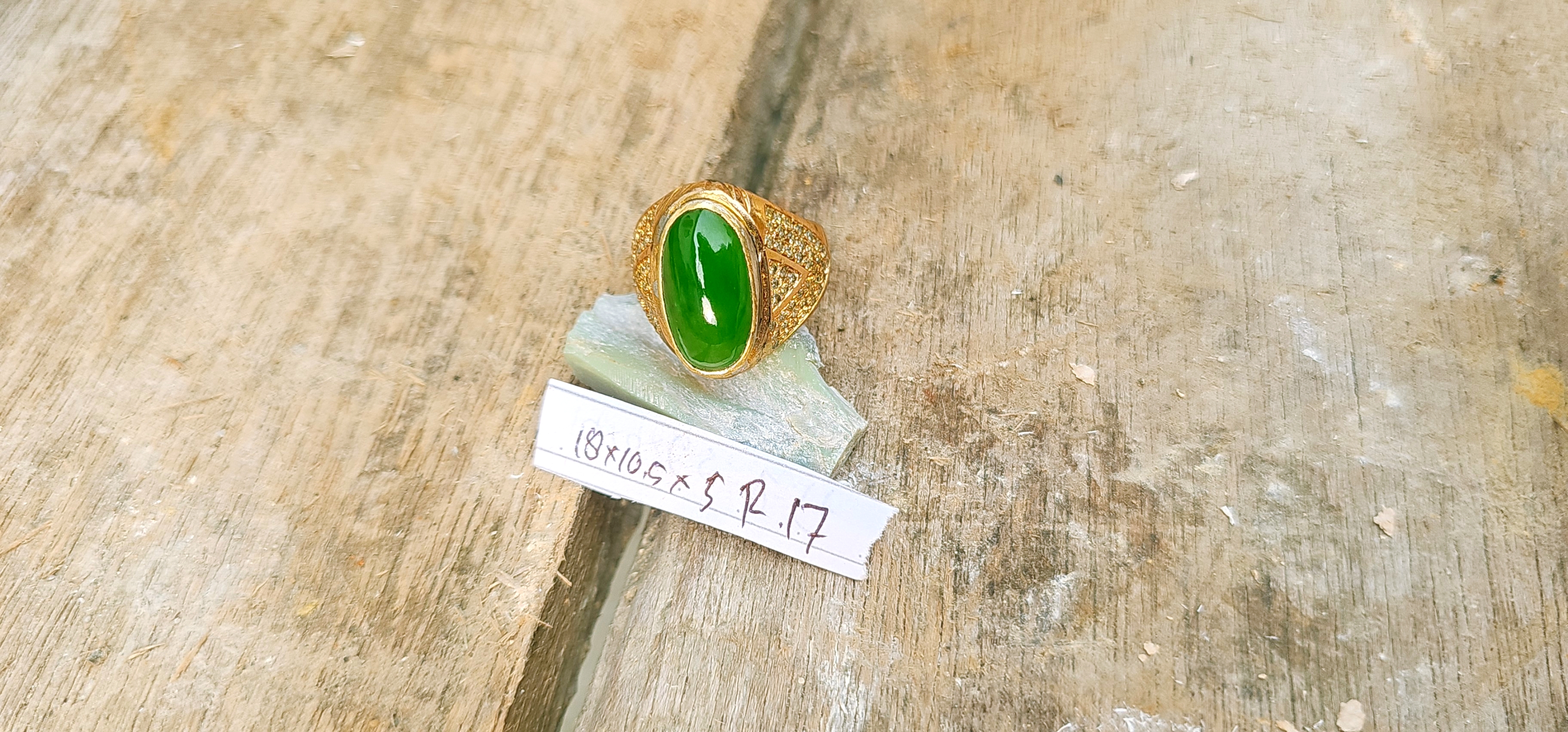 Aceh Natural Vibrant Green Nephrite Jade Oval Cabochon Ring with Ornate Gold-Tone Pavé Setting