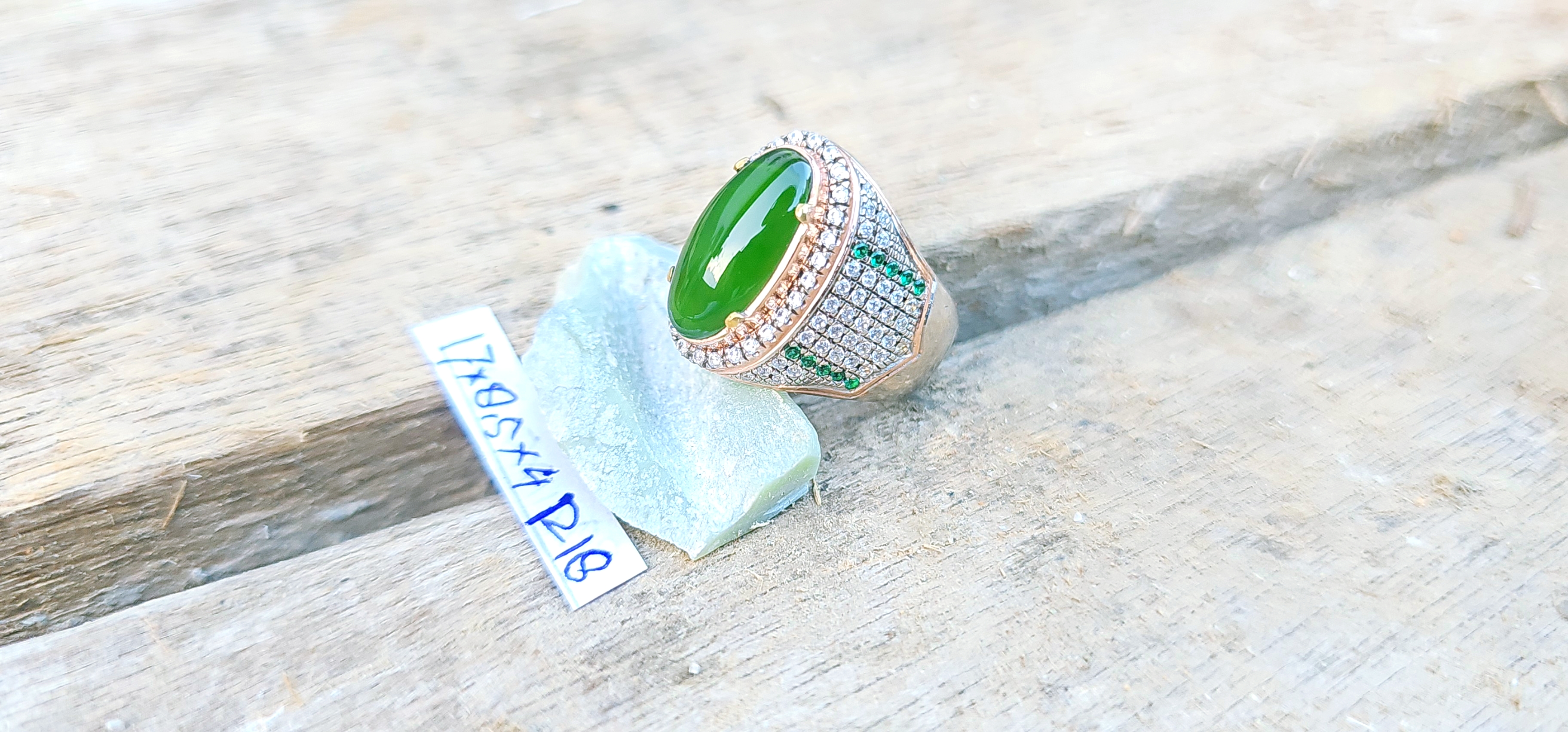 Aceh Deep Forest Green Nephrite Jade Ring with Oval Cabochon Stone and Detailed Accent Setting