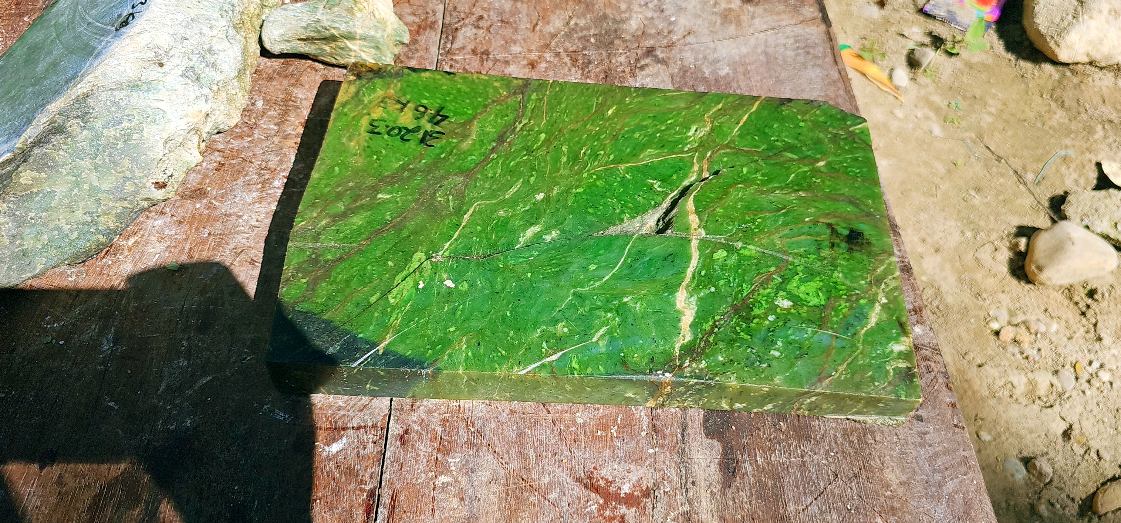 Aceh Natural Moss Green Nephrite Jade Slab with Organic Vein Patterns and Textured Rough Surface – 4.6 KG