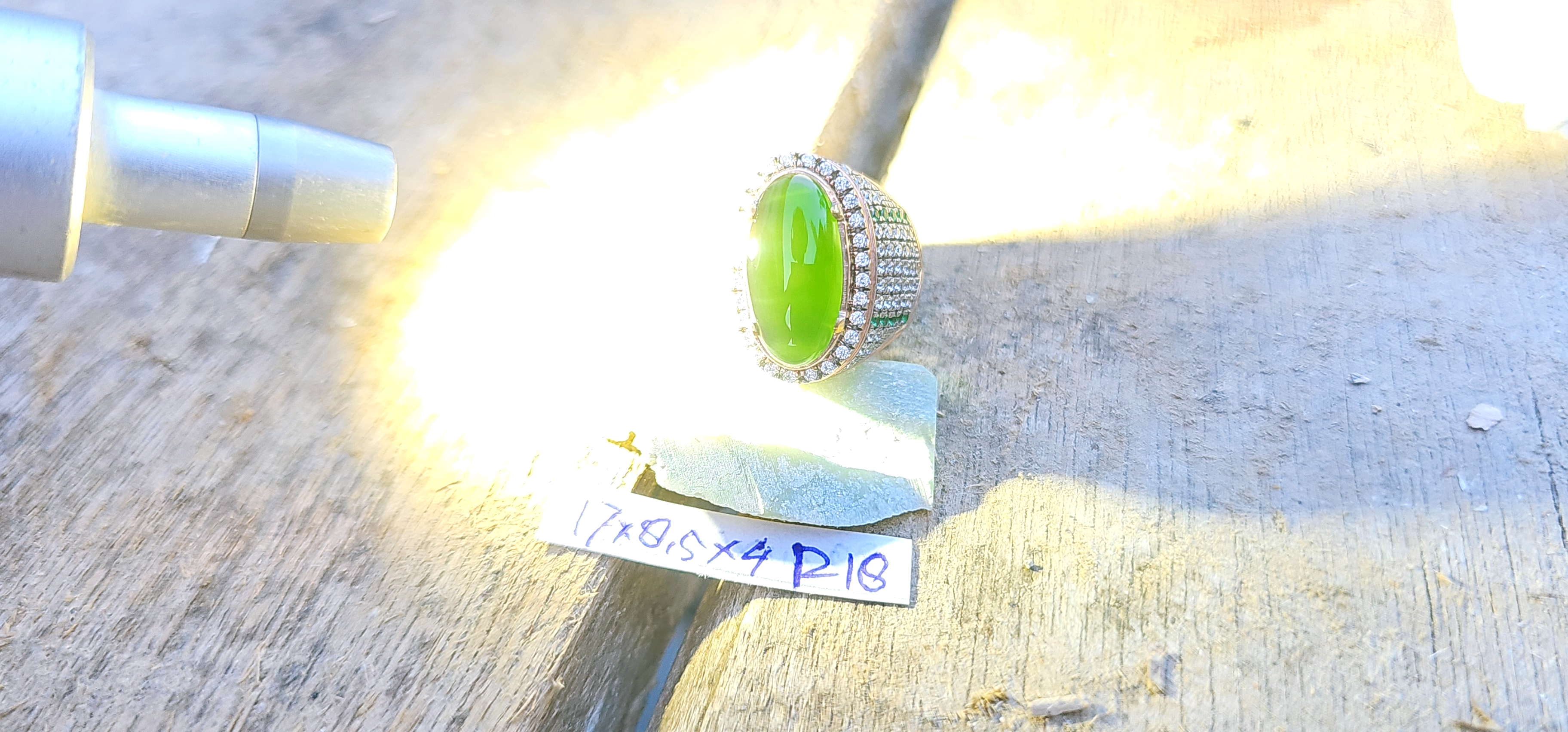 Aceh Deep Forest Green Nephrite Jade Ring with Oval Cabochon Stone and Detailed Accent Setting