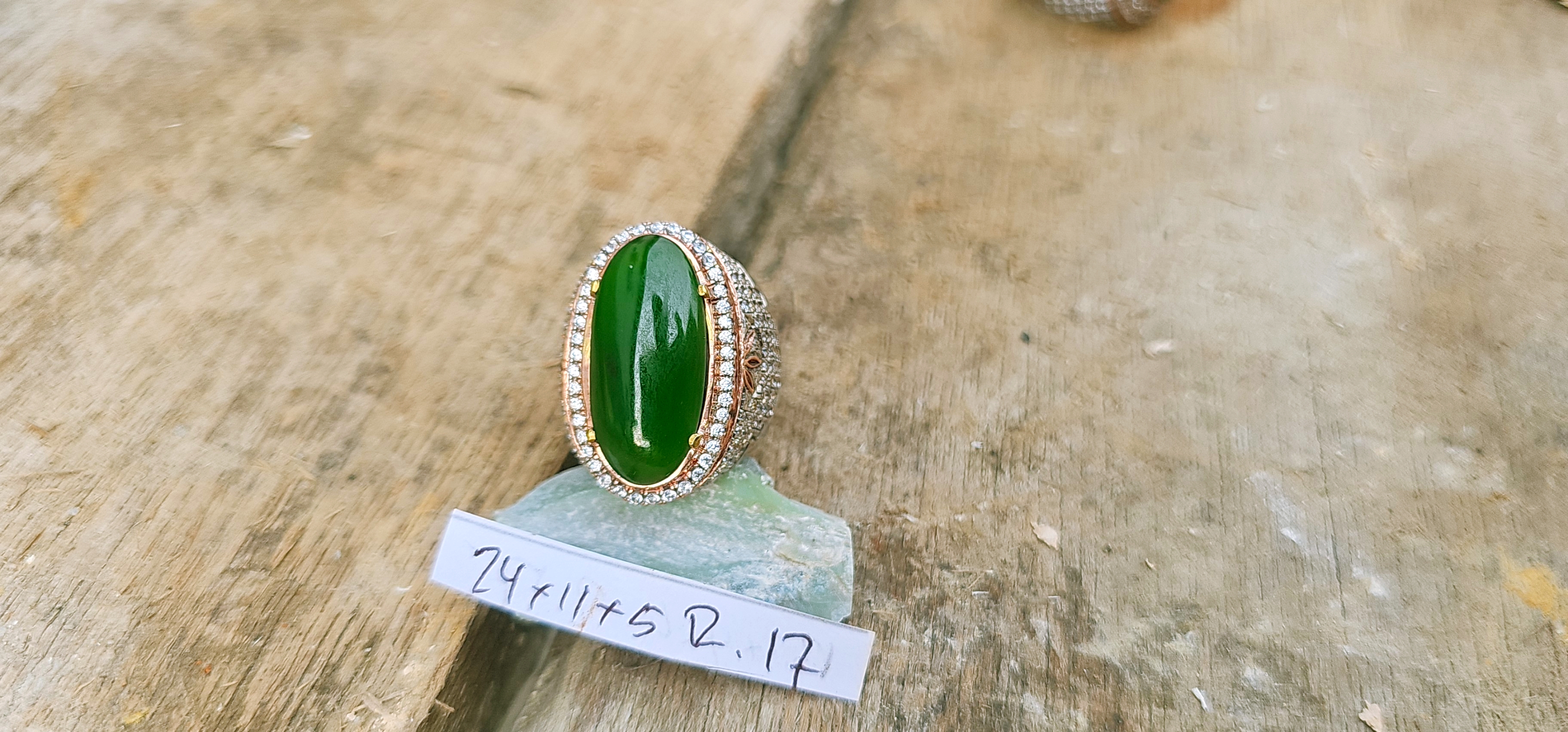 Aceh Natural Rich Forest Green Nephrite Jade Oval Cabochon Ring with Pavé Halo Setting