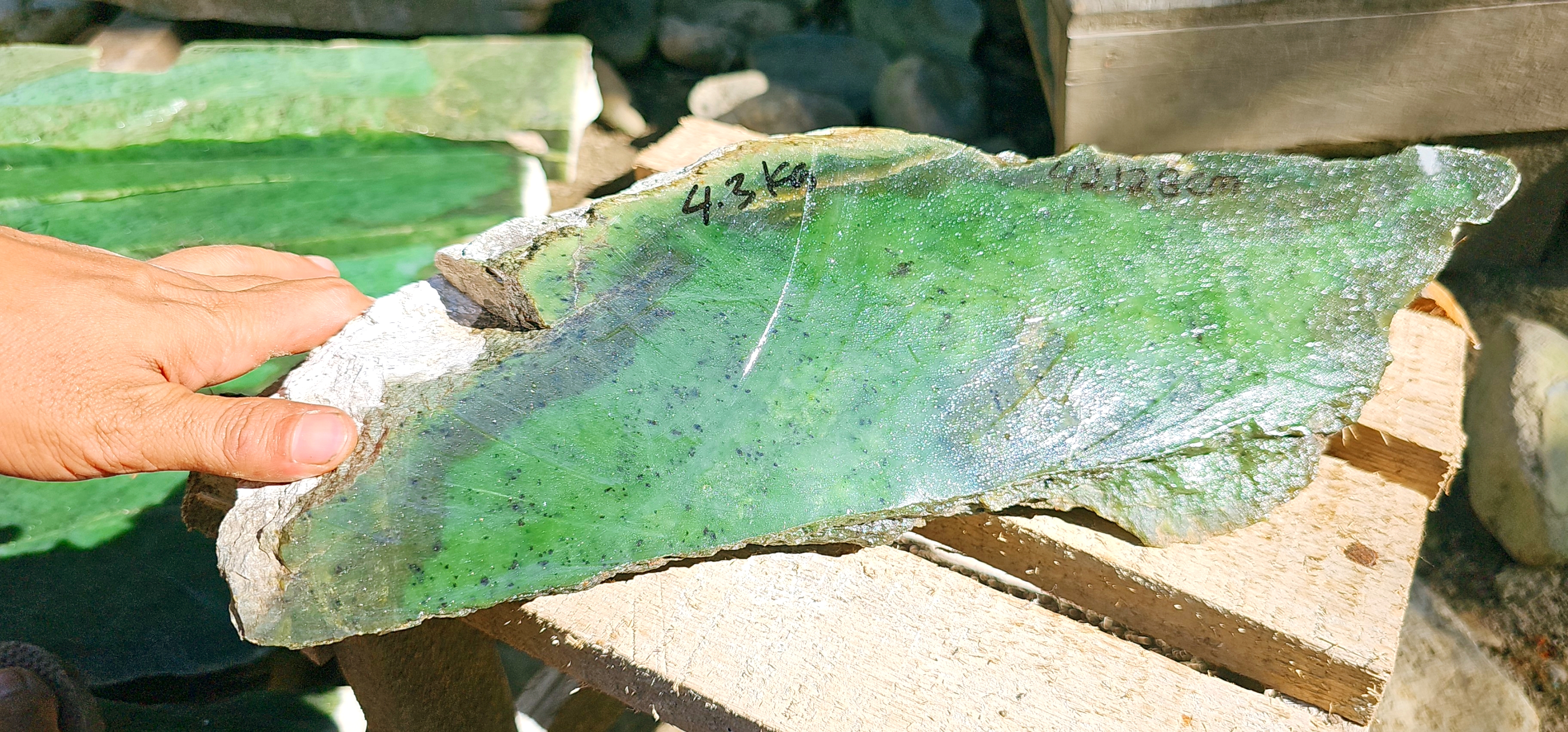 Aceh Natural Moss Green Nephrite Jade Slab with Organic Banding and Textured Rough Surface – 4.3 KG