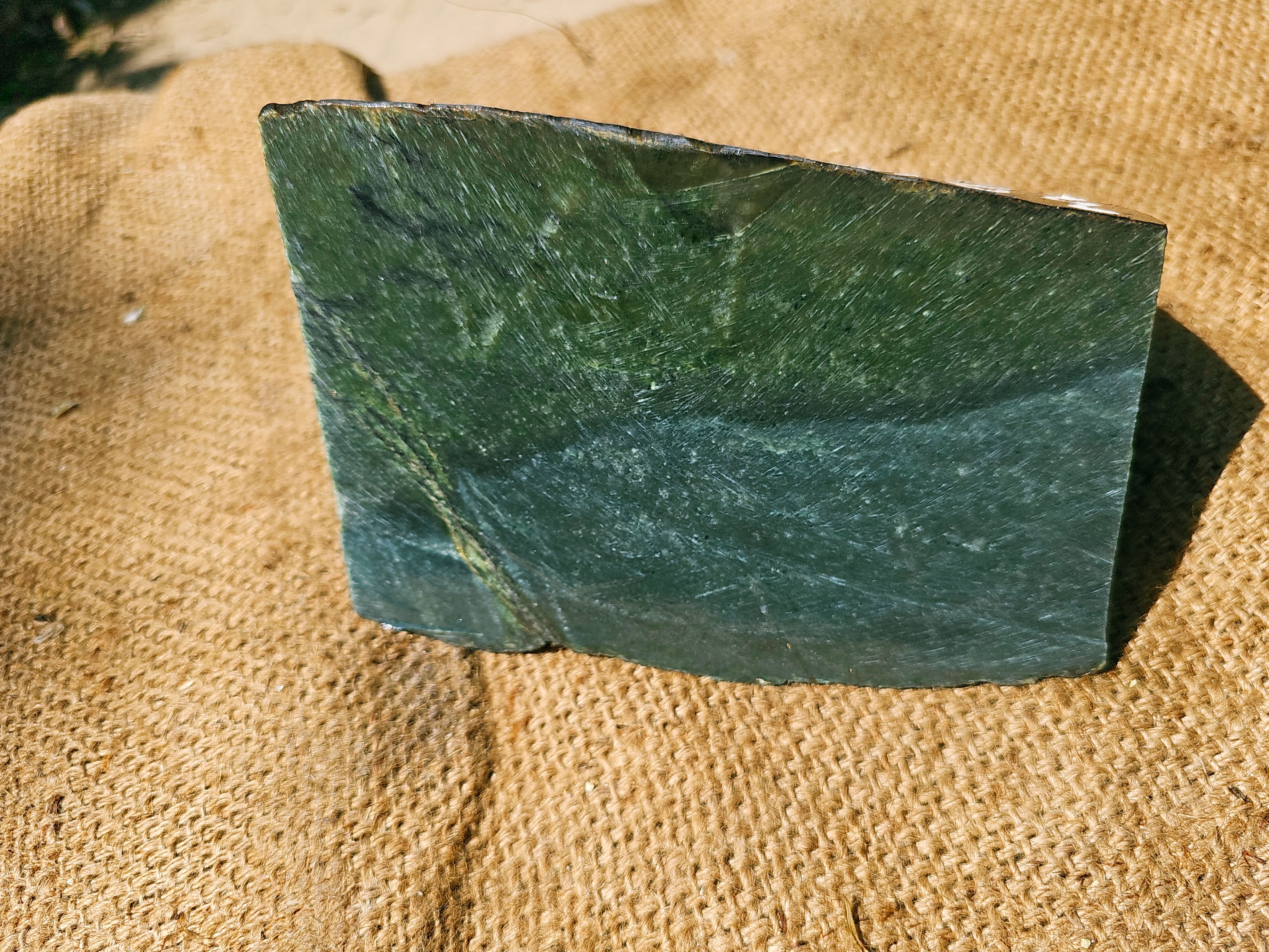 Aceh Natural Deep Forest Green Nephrite Jade with Organic Clouded Veining and Sawn Slab Contour Rough Stone – 3.8 KG