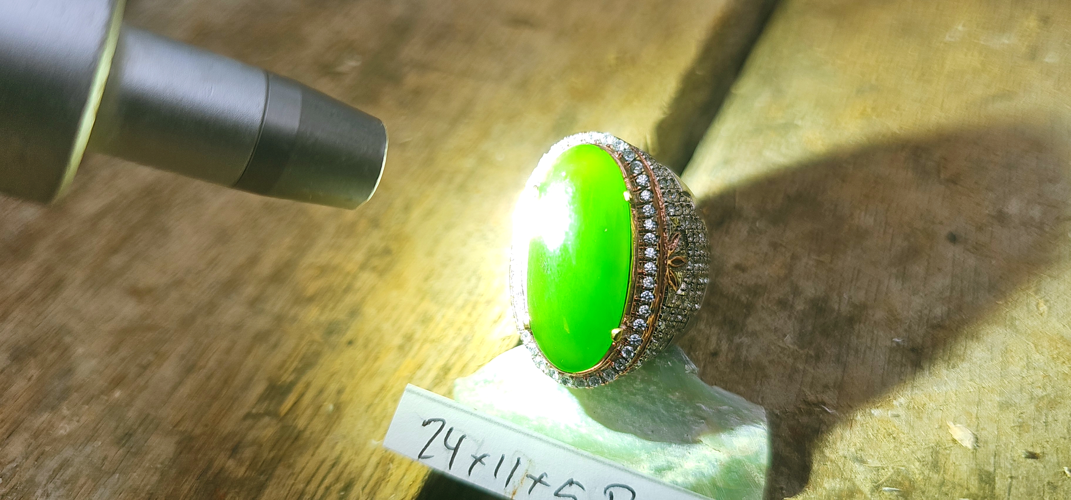 Aceh Natural Rich Forest Green Nephrite Jade Oval Cabochon Ring with Pavé Halo Setting