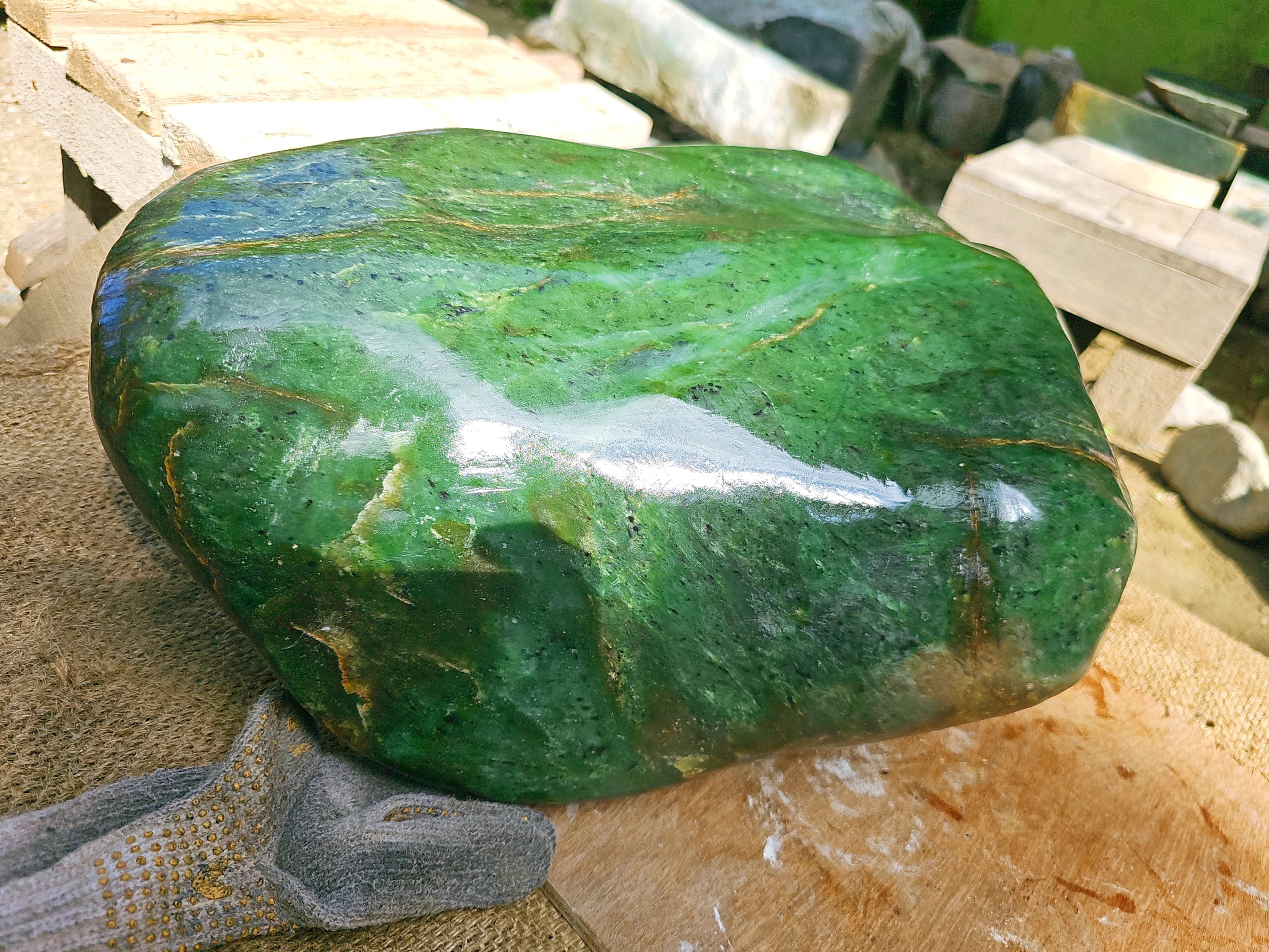 Aceh Natural Deep Moss Green Nephrite Jade with Golden-Brown Veining and Organic Clouded Mottling Rough Stone – 49.7 KG