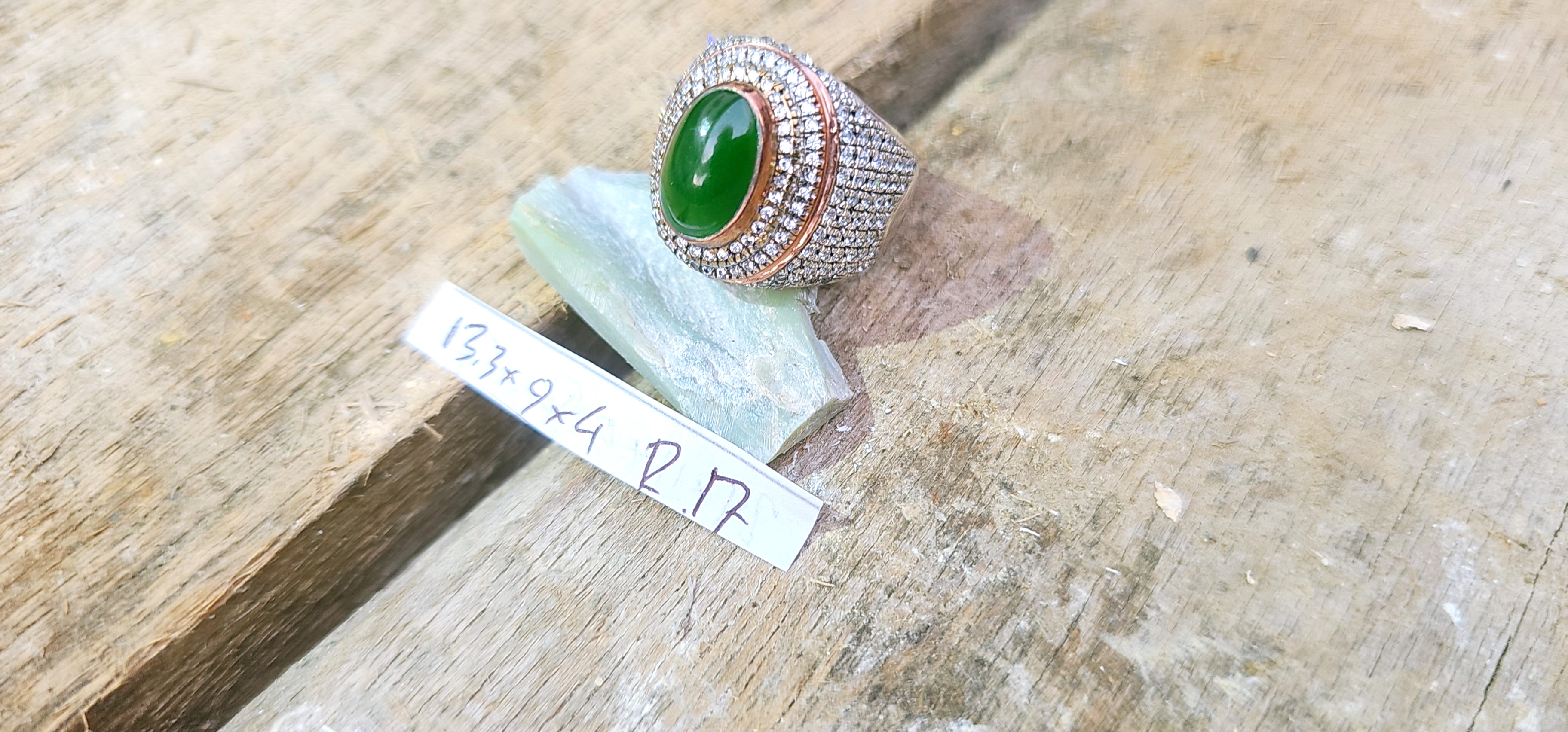 Aceh Natural Deep Green Nephrite Jade Oval Cabochon Ring with Pavé Setting Ring Accessory