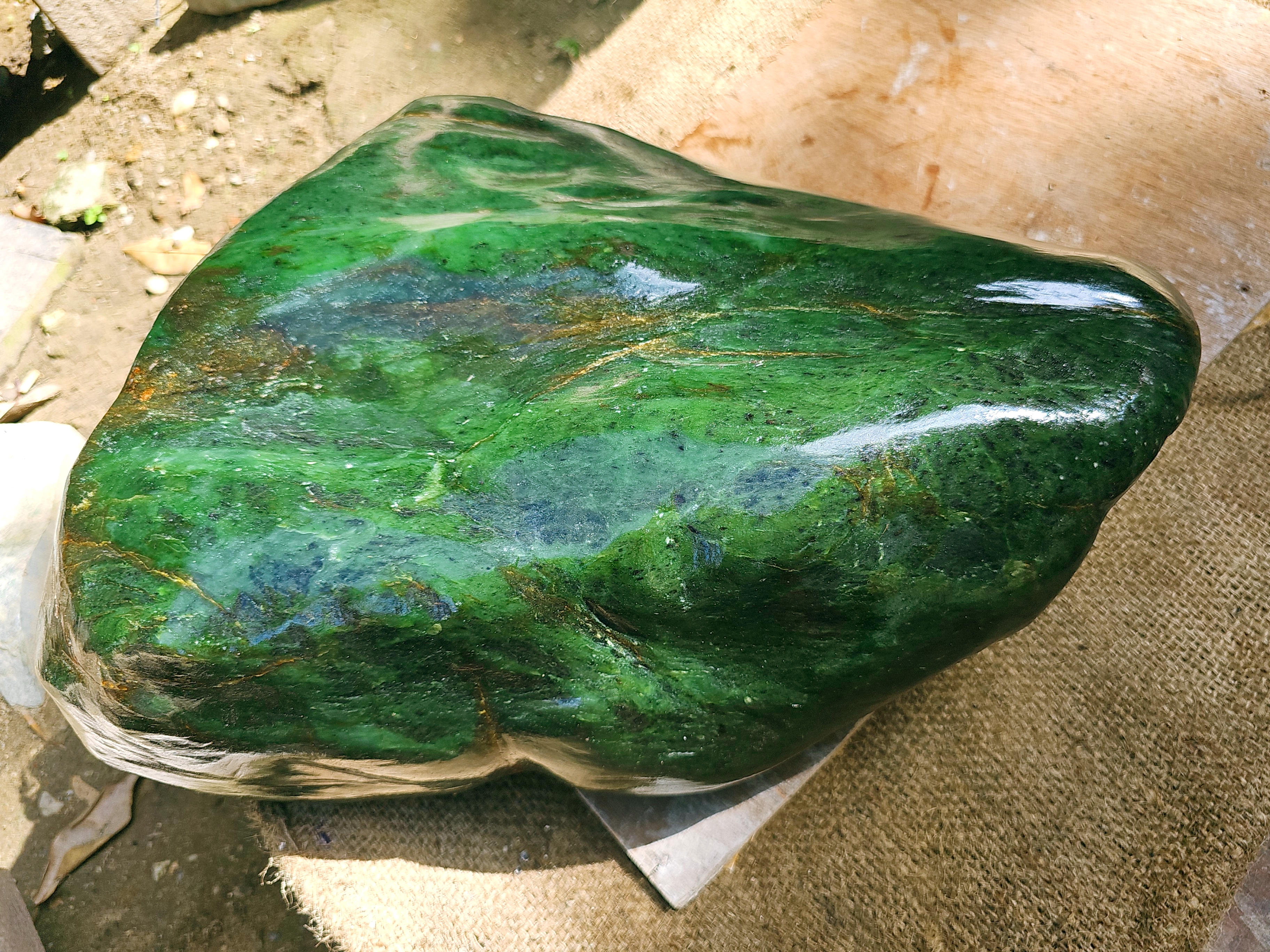 Aceh Natural Deep Moss Green Nephrite Jade with Golden-Brown Veining and Organic Clouded Mottling Rough Stone – 49.7 KG