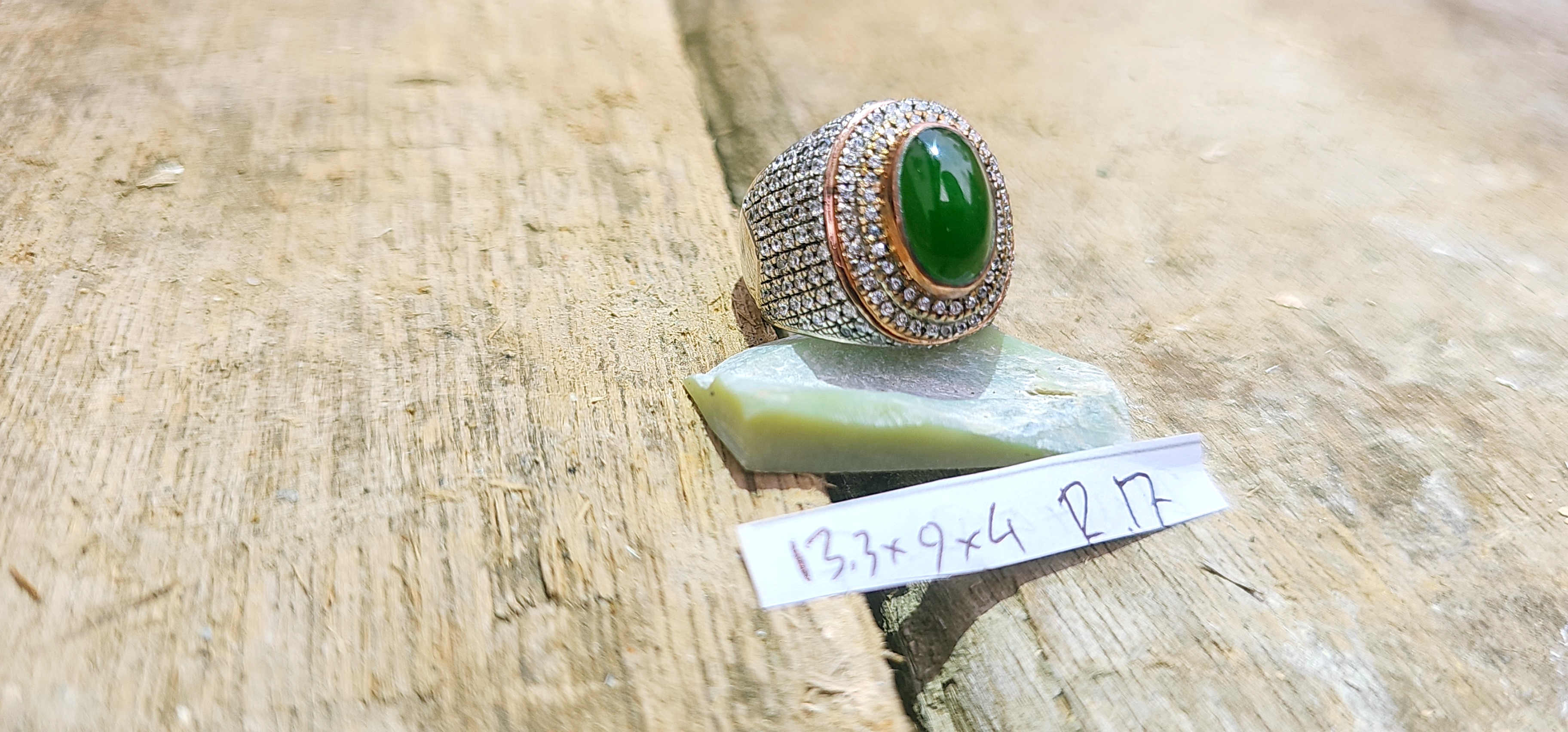 Aceh Natural Deep Green Nephrite Jade Oval Cabochon Ring with Pavé Setting Ring Accessory