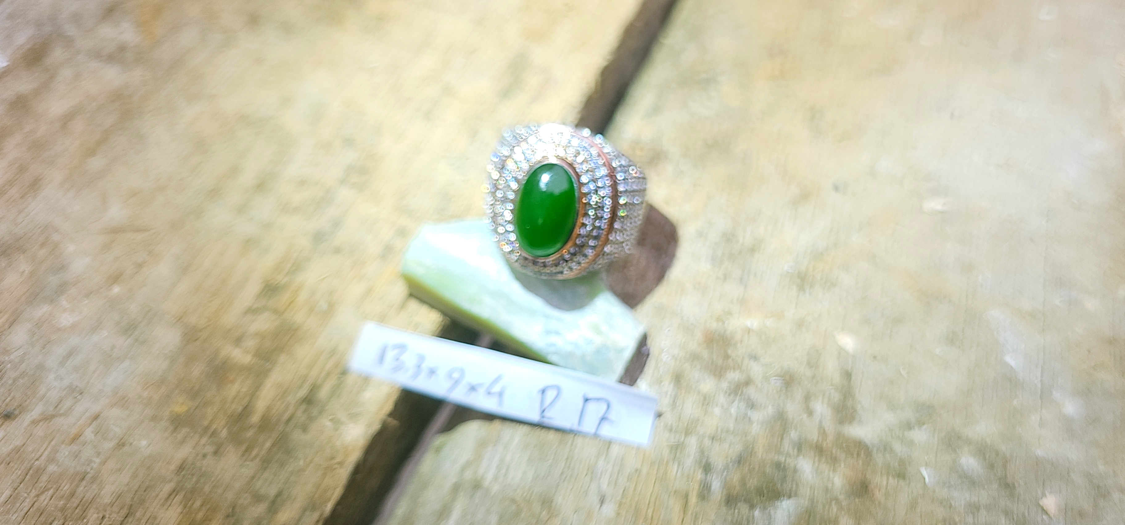 Aceh Natural Deep Green Nephrite Jade Oval Cabochon Ring with Pavé Setting Ring Accessory