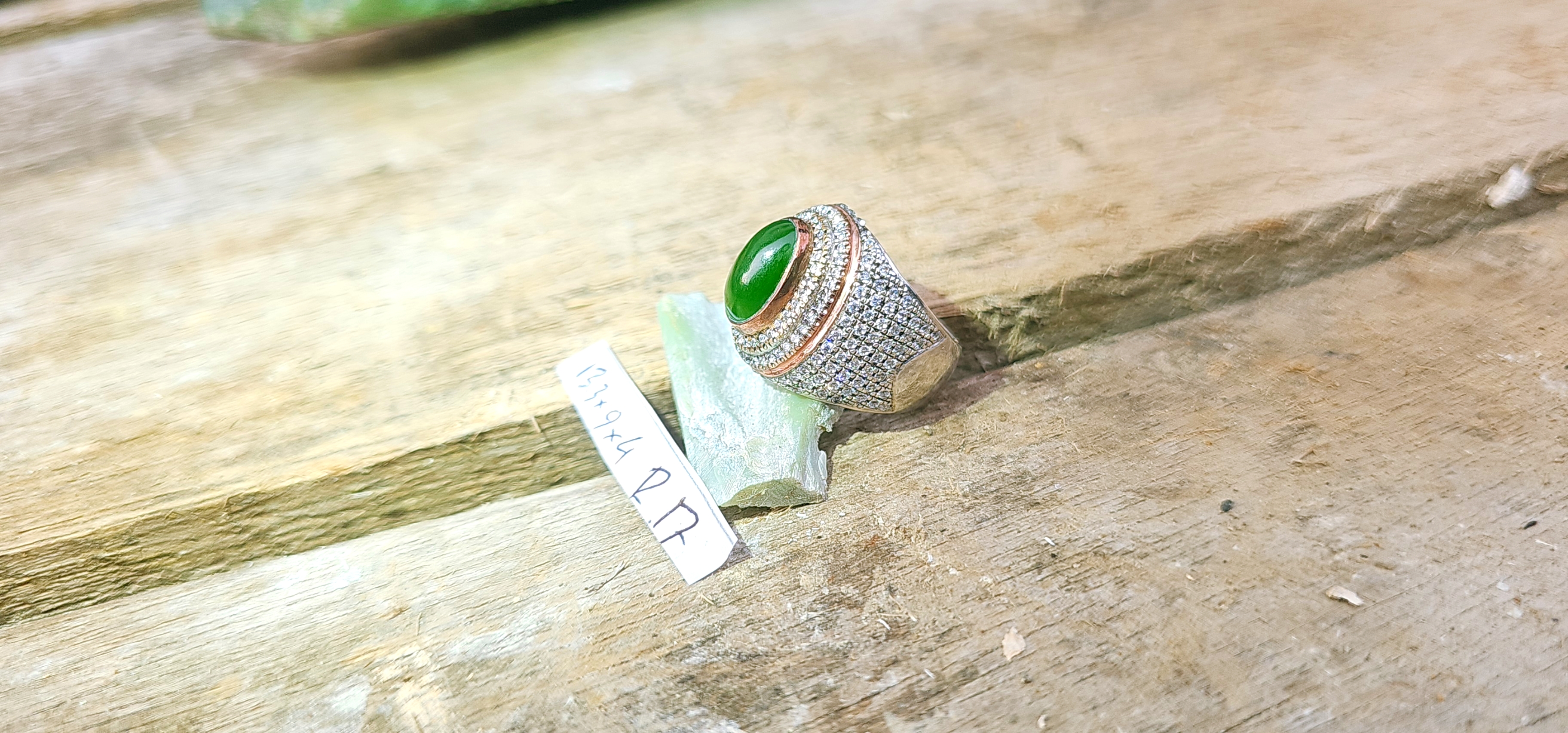 Aceh Natural Deep Green Nephrite Jade Oval Cabochon Ring with Pavé Setting Ring Accessory