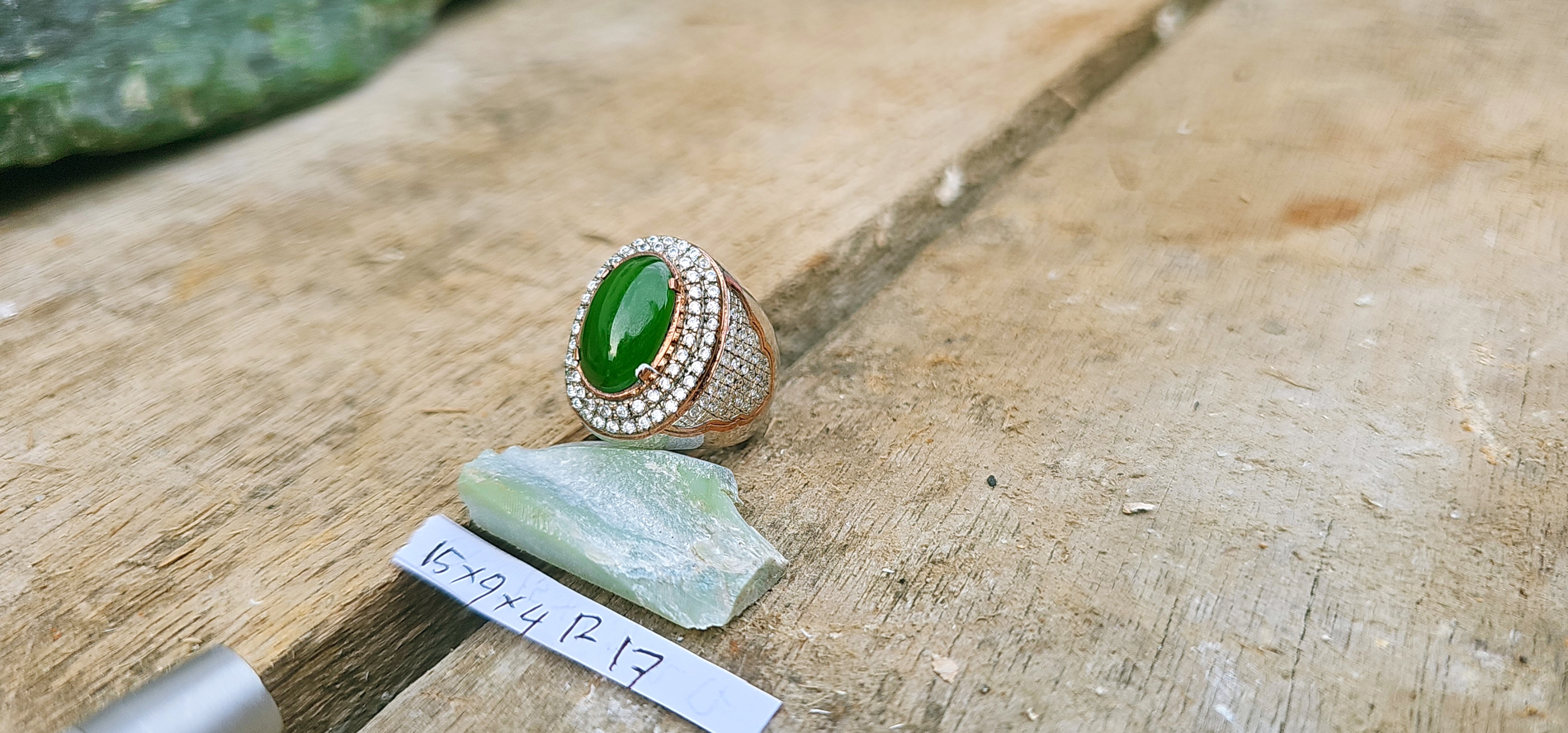 Aceh Natural Deep Forest Green Nephrite Jade Ring with Brilliant Pavé Accents
