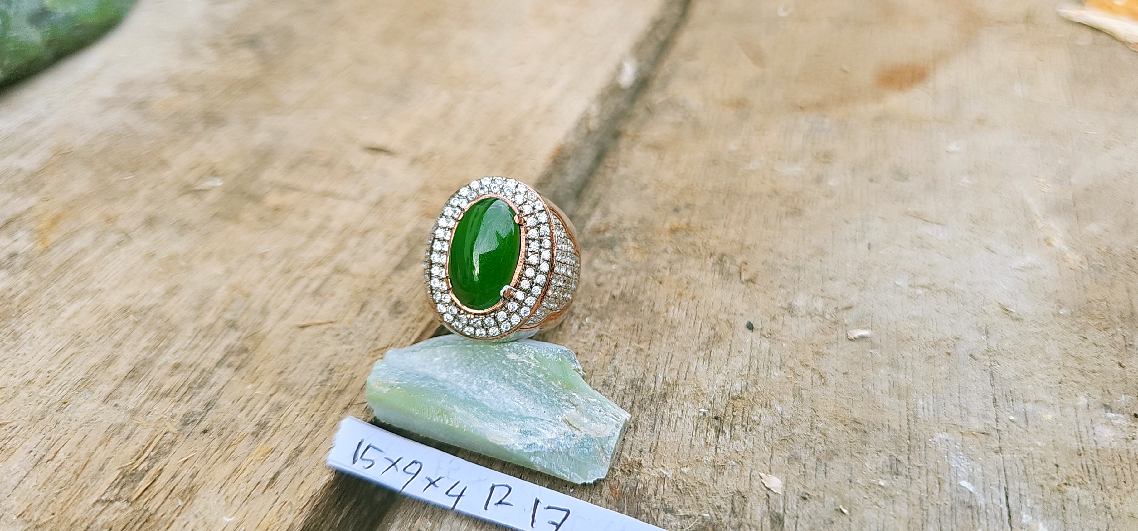 Aceh Natural Deep Forest Green Nephrite Jade Ring with Brilliant Pavé Accents