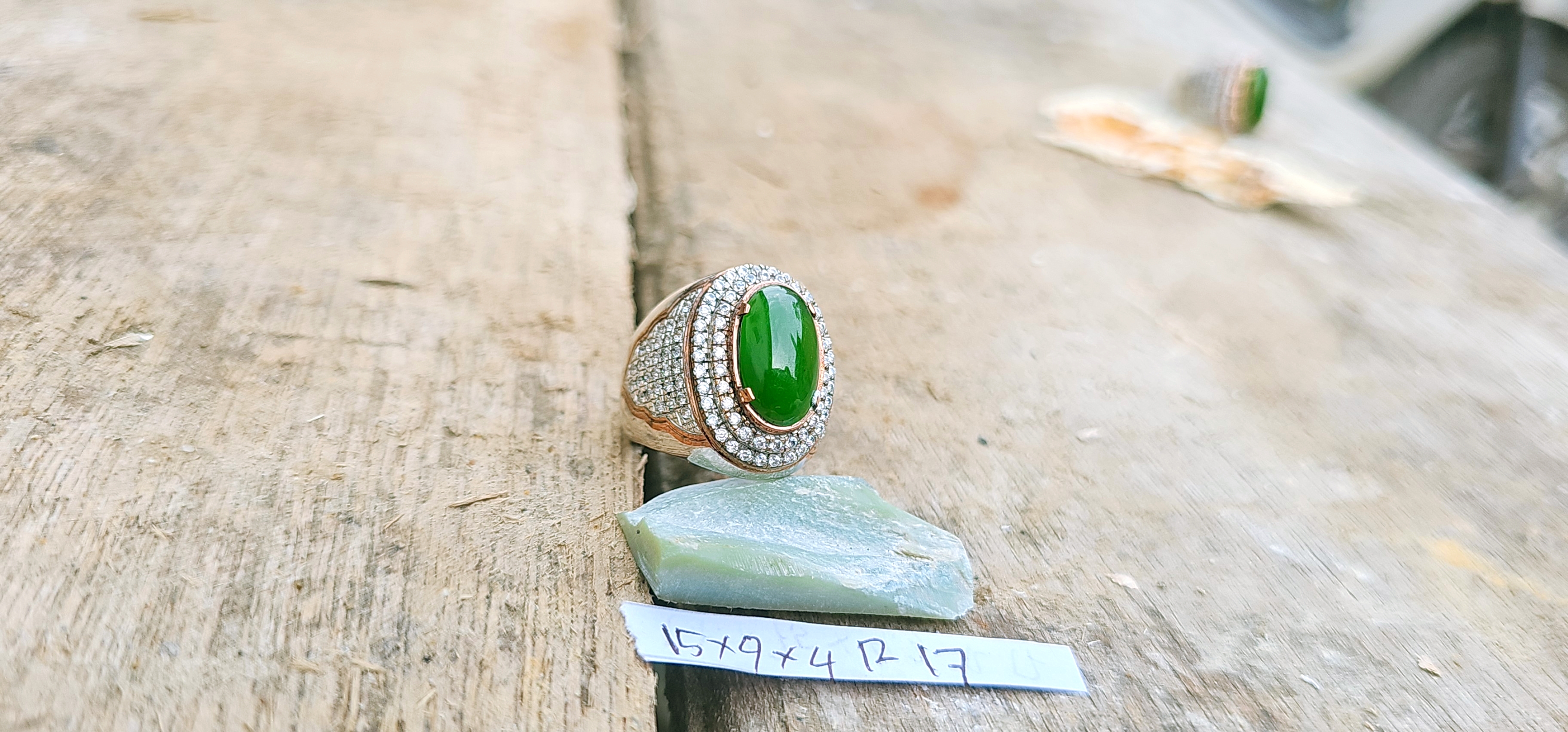 Aceh Natural Deep Forest Green Nephrite Jade Ring with Brilliant Pavé Accents