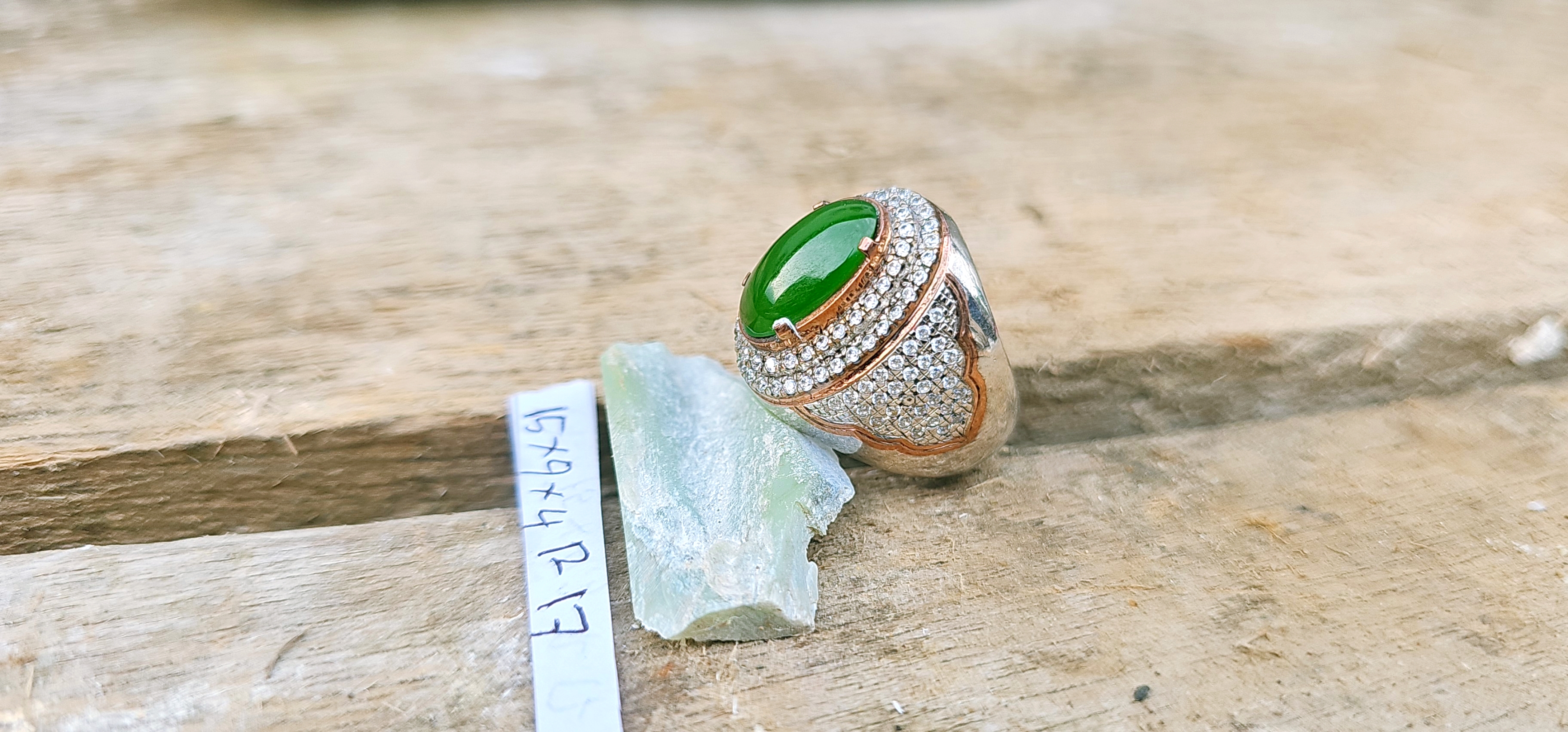 Aceh Natural Deep Forest Green Nephrite Jade Ring with Brilliant Pavé Accents