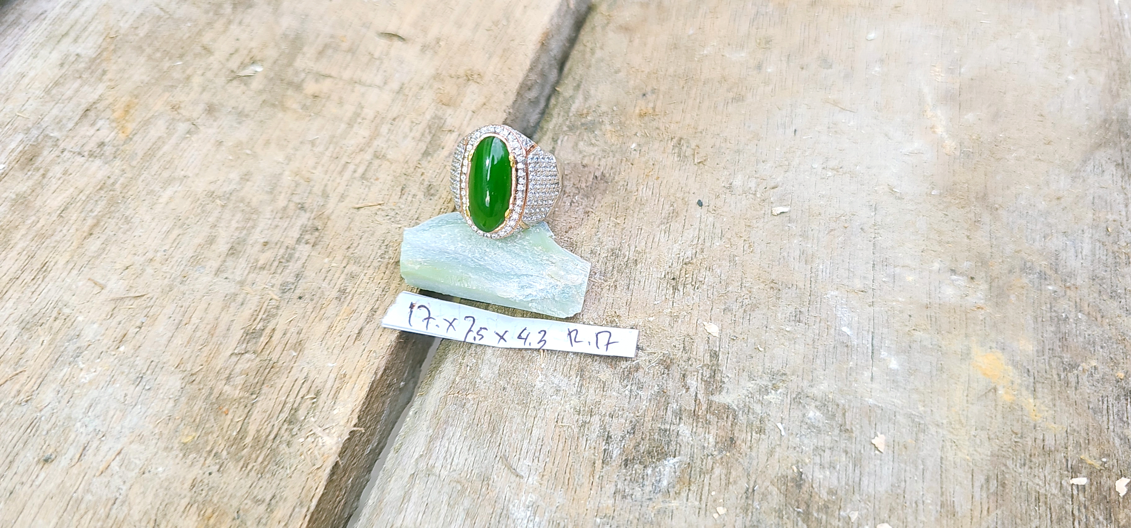 Aceh Natural Deep Forest Green Nephrite Jade Oval Cabochon Ring with Pavé Band Style Accessories