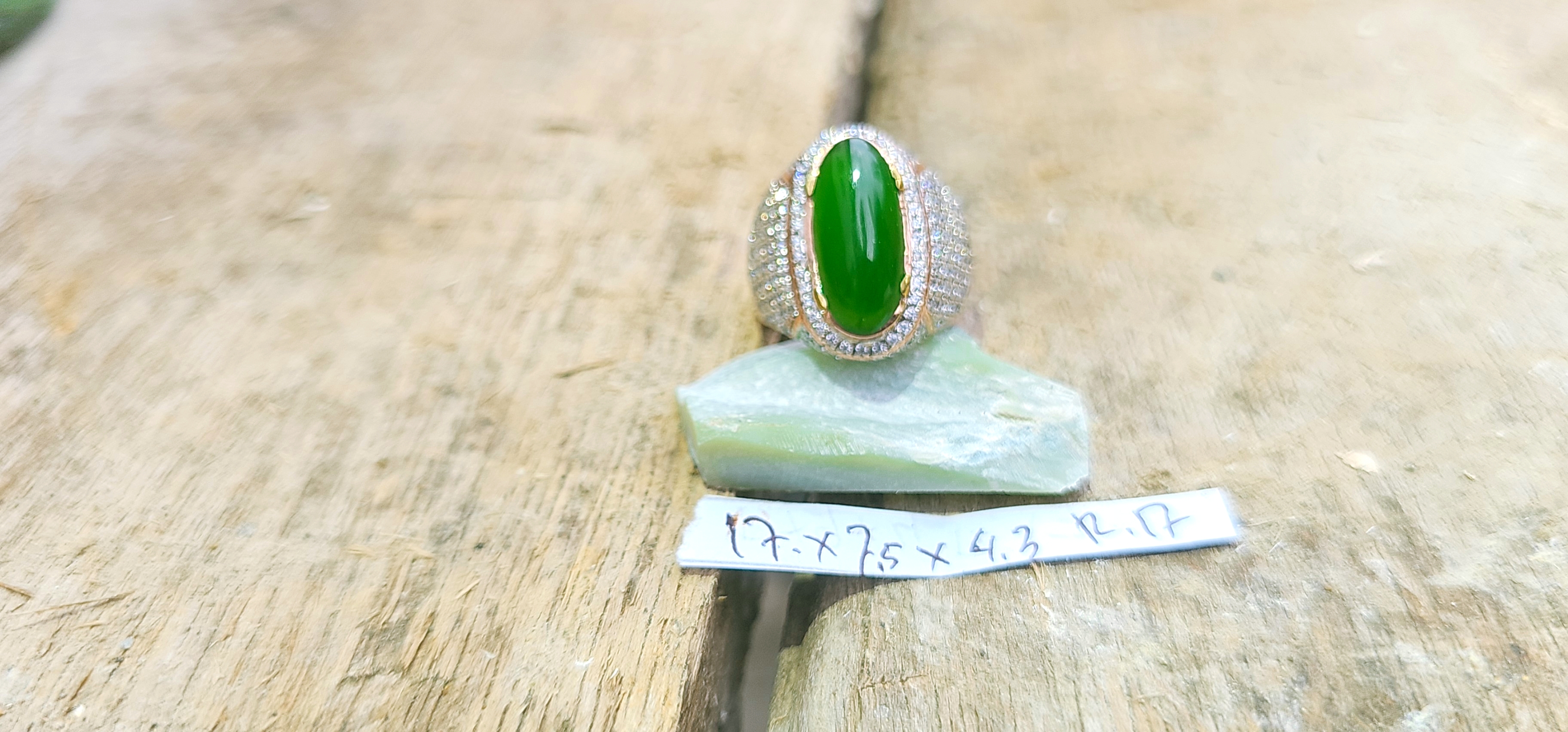Aceh Natural Deep Forest Green Nephrite Jade Oval Cabochon Ring with Pavé Band Style Accessories